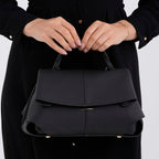 La Marey Signature Minimalist Sculptural Top Handle Handbag with Crossbody Strap - Black