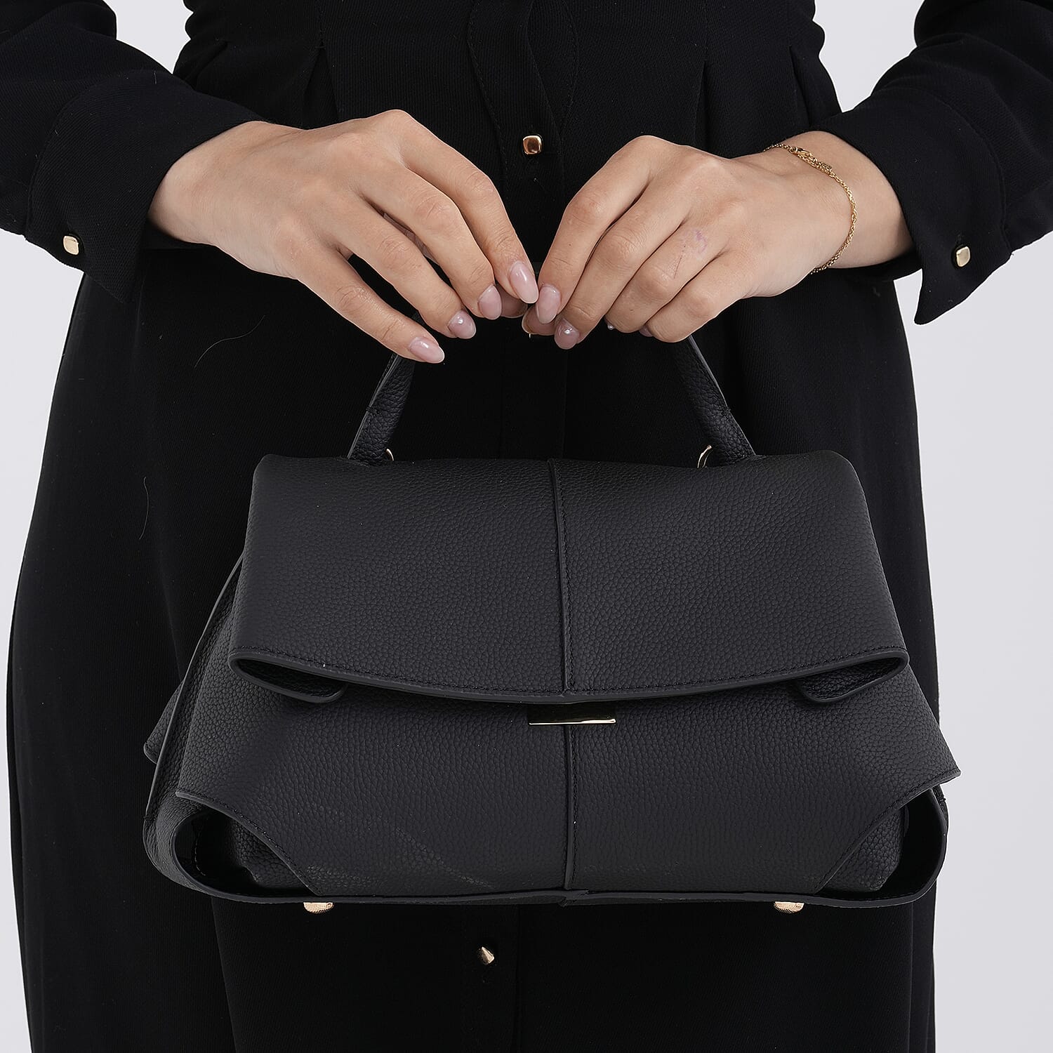 La Marey Signature Minimalist Sculptural Top Handle Handbag with Crossbody Strap - Black