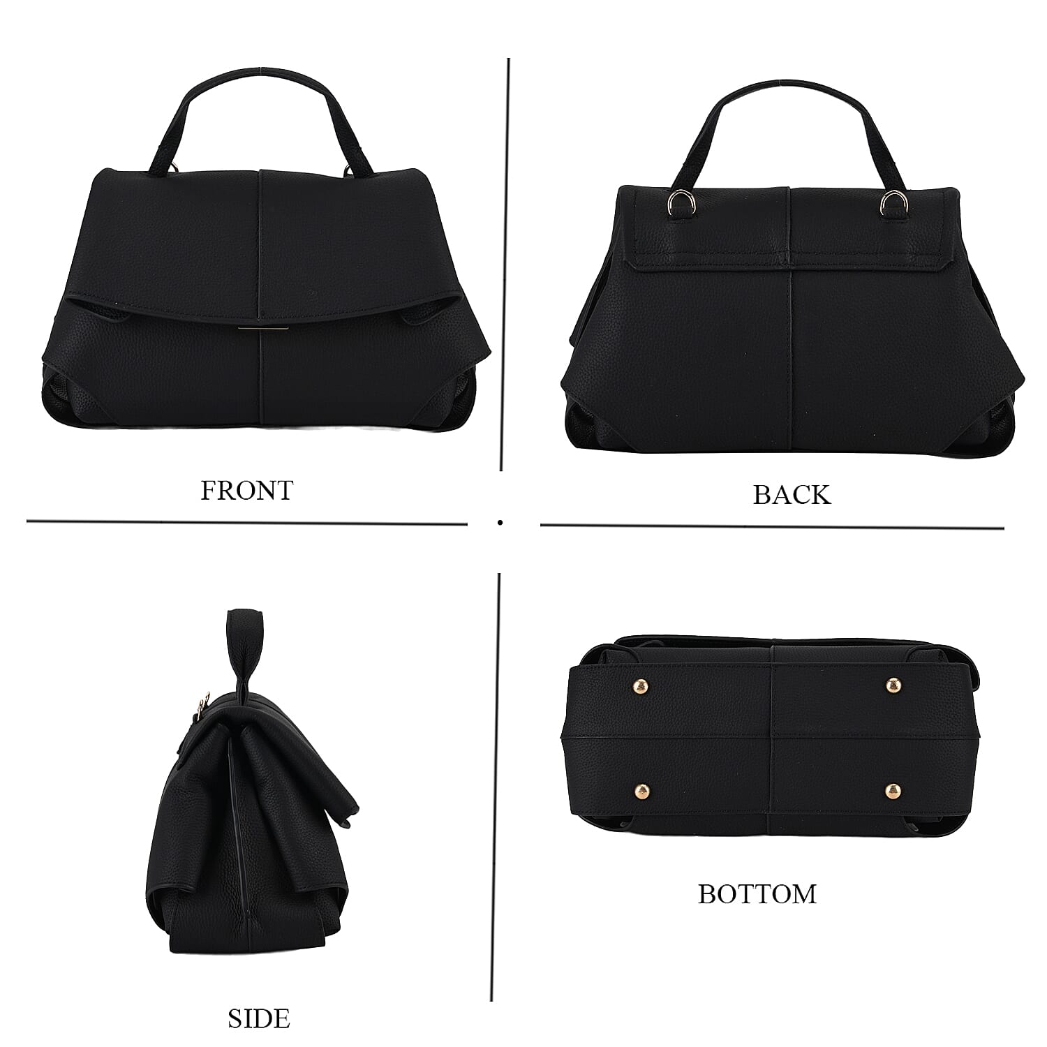 La Marey Signature Minimalist Sculptural Top Handle Handbag with Crossbody Strap - Black