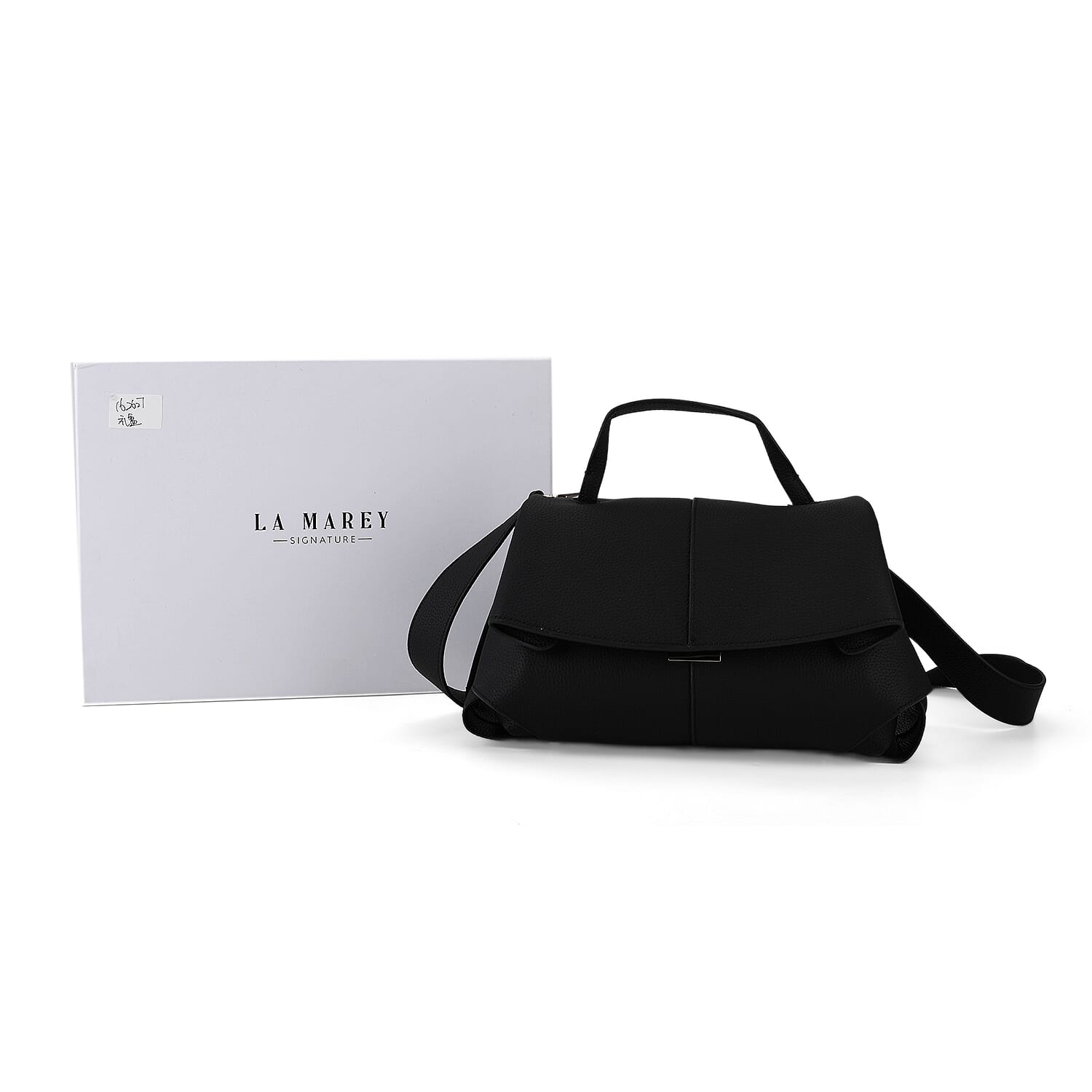 La Marey Signature Minimalist Sculptural Top Handle Handbag with Crossbody Strap - Black