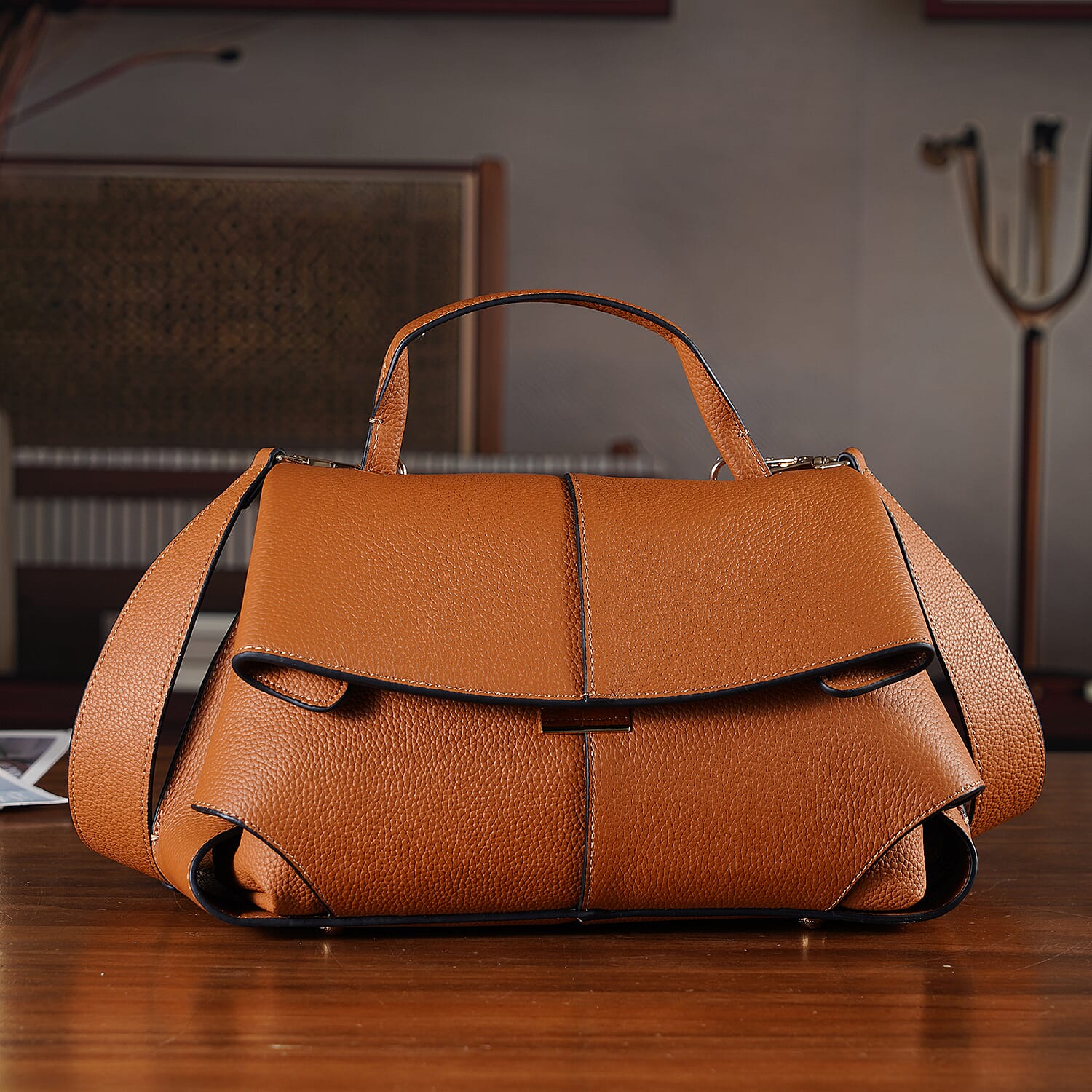 La Marey Signature Minimalist Sculptural Top Handle Handbag with Crossbody Strap - Brown