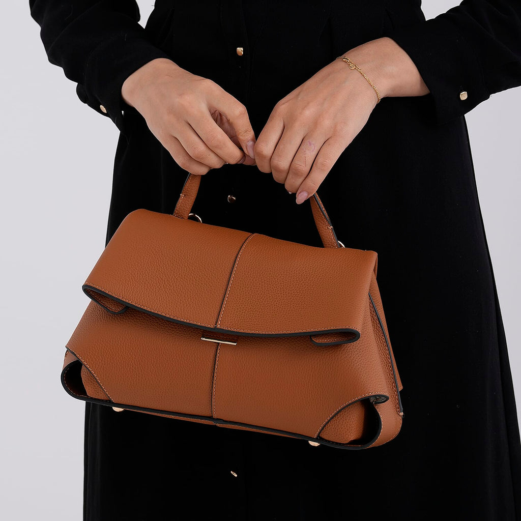 La Marey Signature Minimalist Sculptural Top Handle Handbag with Crossbody Strap - Brown