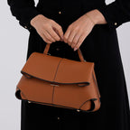 La Marey Signature Minimalist Sculptural Top Handle Handbag with Crossbody Strap - Brown