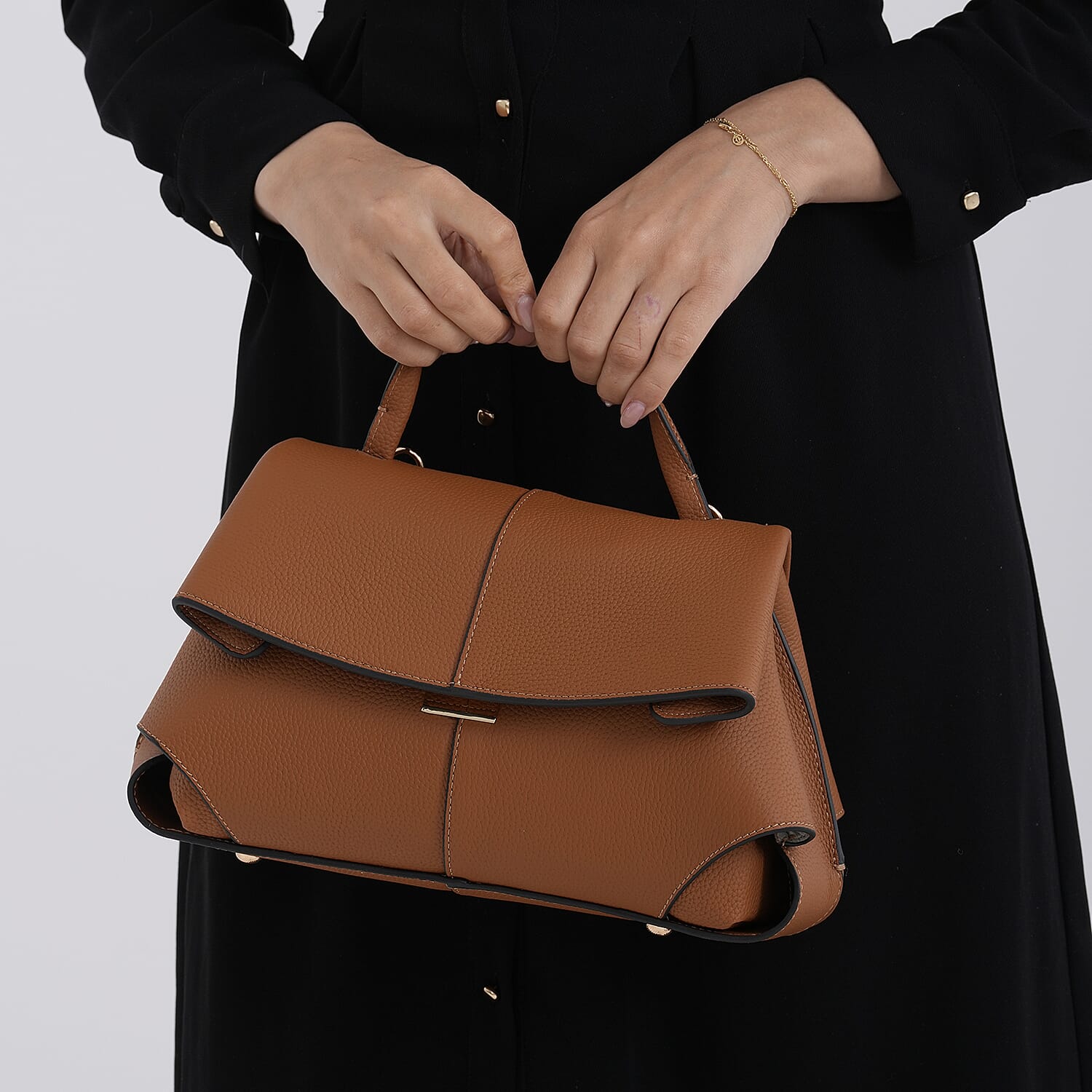 La Marey Signature Minimalist Sculptural Top Handle Handbag with Crossbody Strap - Brown