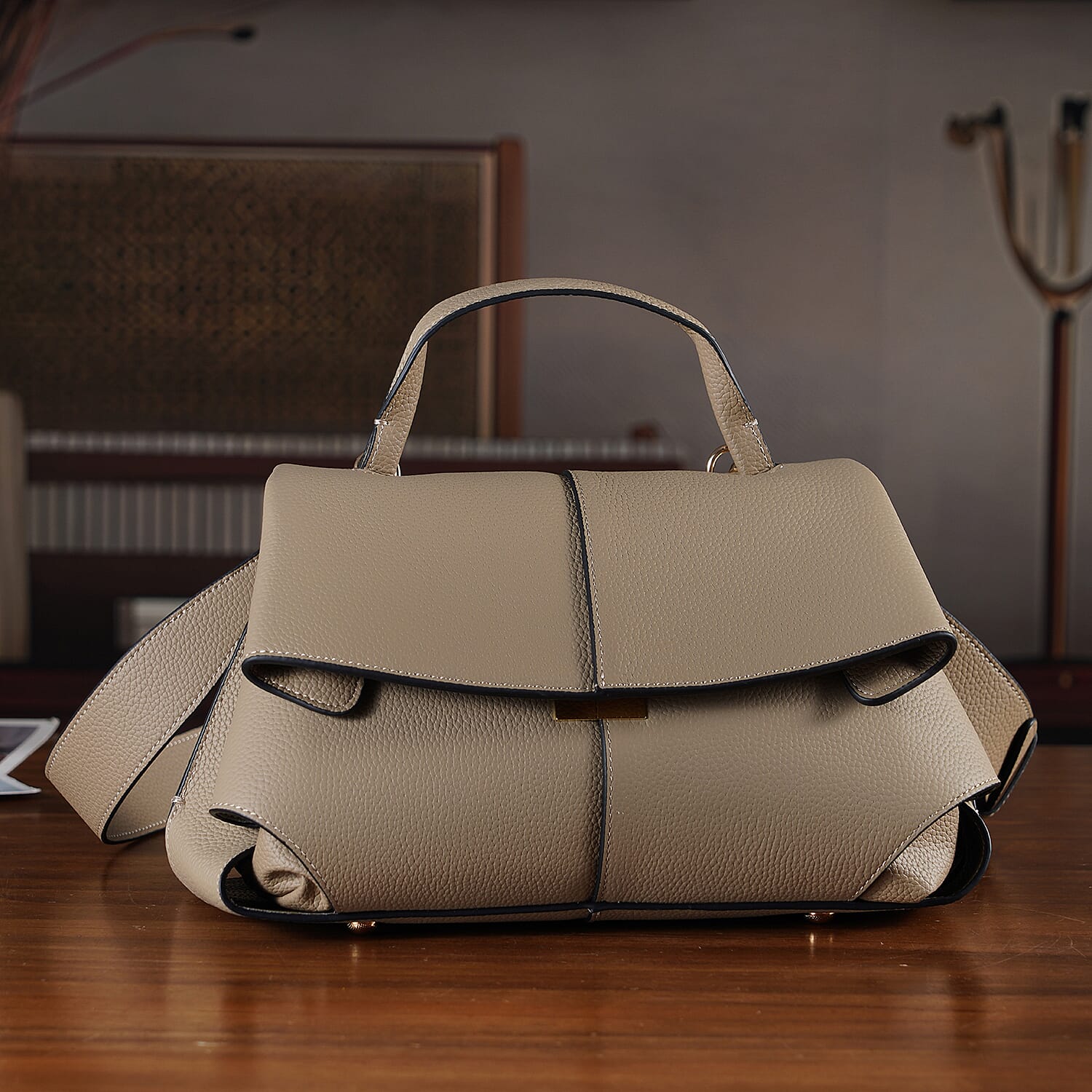 La Marey Signature Minimalist Sculptural Top Handle Handbag with Crossbody Strap - Grey