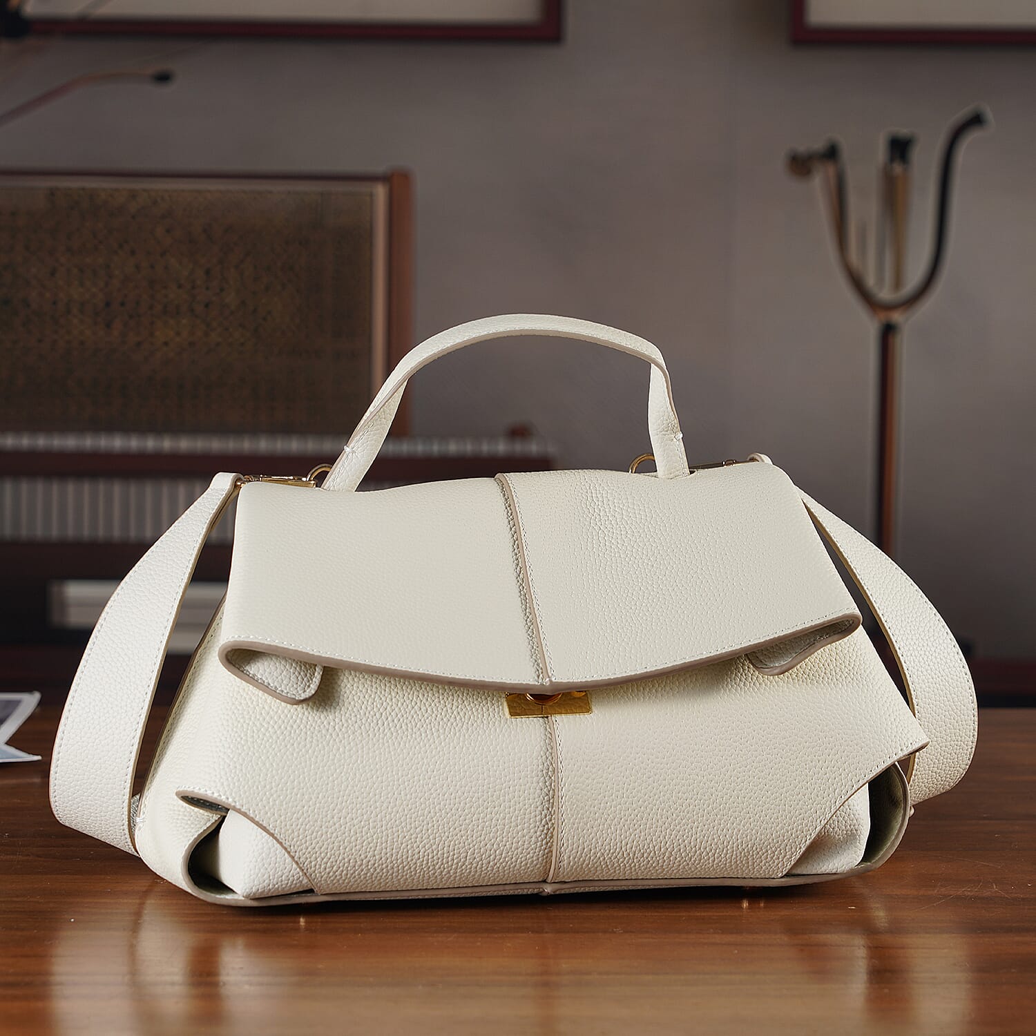 La Marey Signature Minimalist Sculptural Top Handle Handbag with Crossbody Strap - Off White