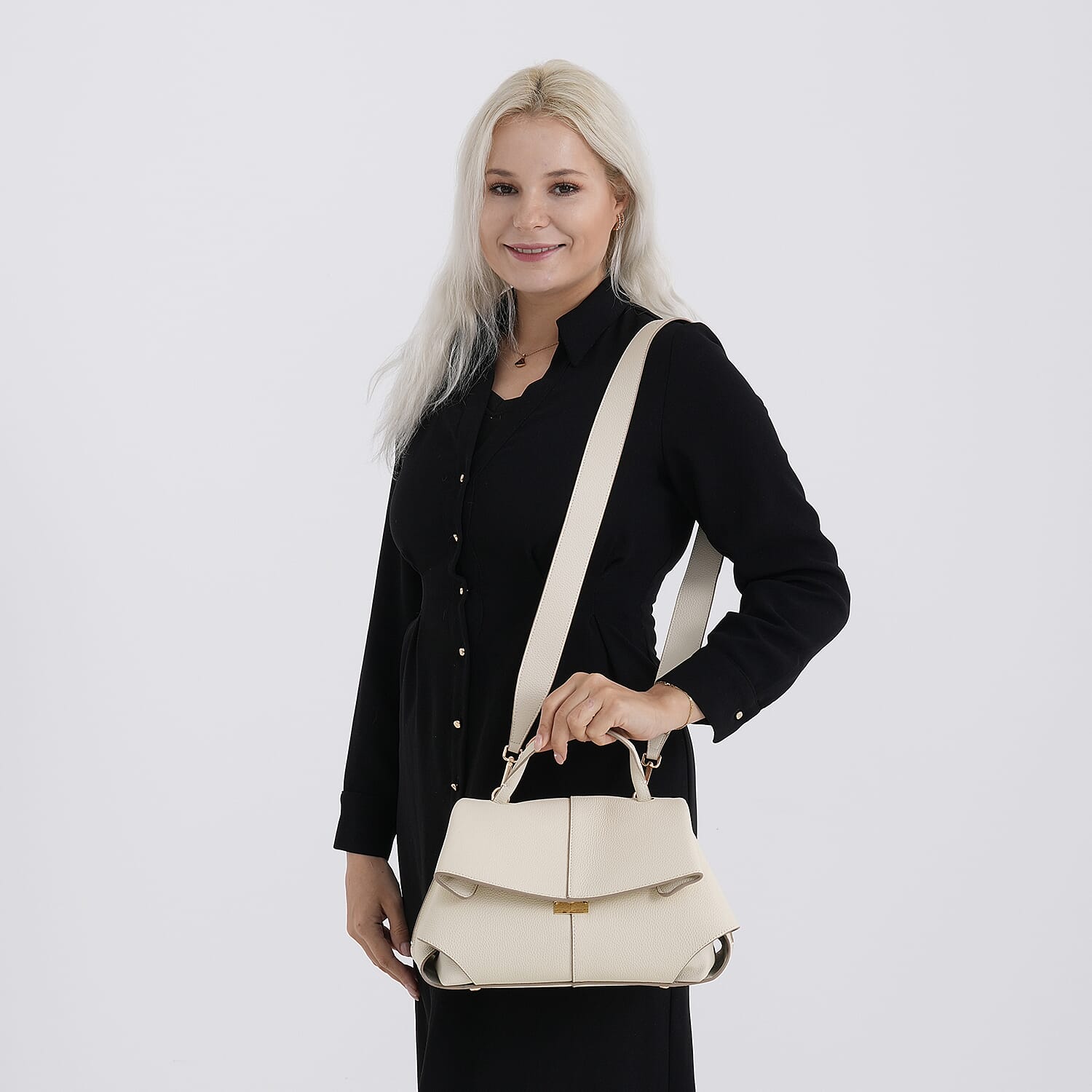 La Marey Signature Minimalist Sculptural Top Handle Handbag with Crossbody Strap - Off White