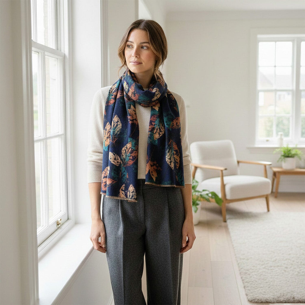 La Marey Signature - Valissiere 100% Cashmere Wool Scarf (195 x 70) - Navy & Gold Leaf