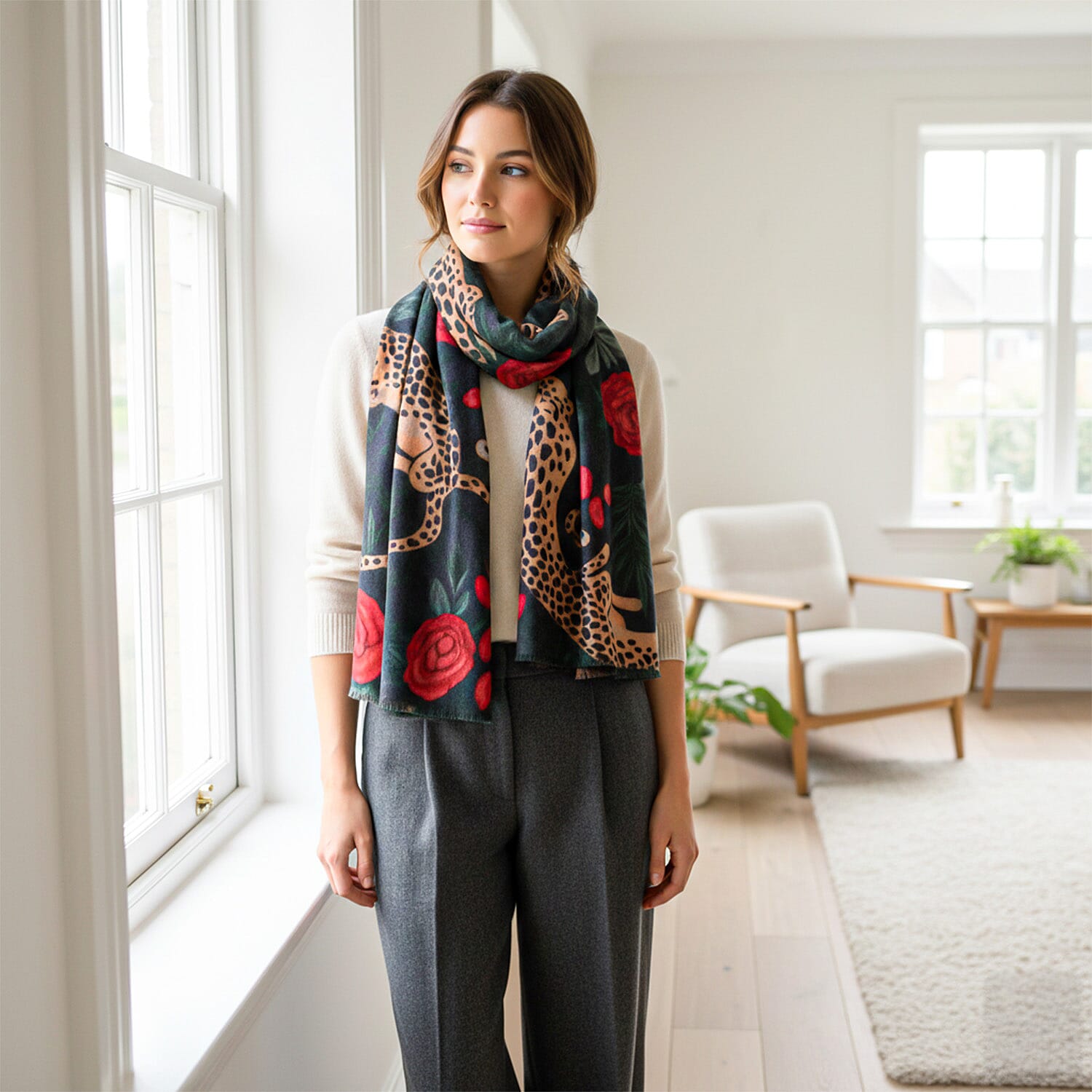 La Marey Signature - Valissiere 100% Cashmere Wool Scarf (One Size) - Black Leopard