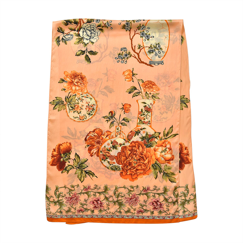 LA MAREY 100% Silk Floral Pattern Scarf (Size 170x53 cm) - Red - Pink