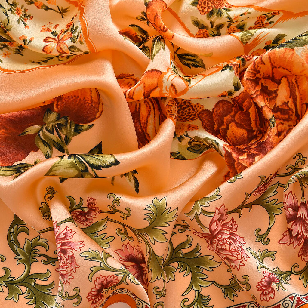 LA MAREY 100% Silk Floral Pattern Scarf (Size 170x53 cm) - Red - Pink