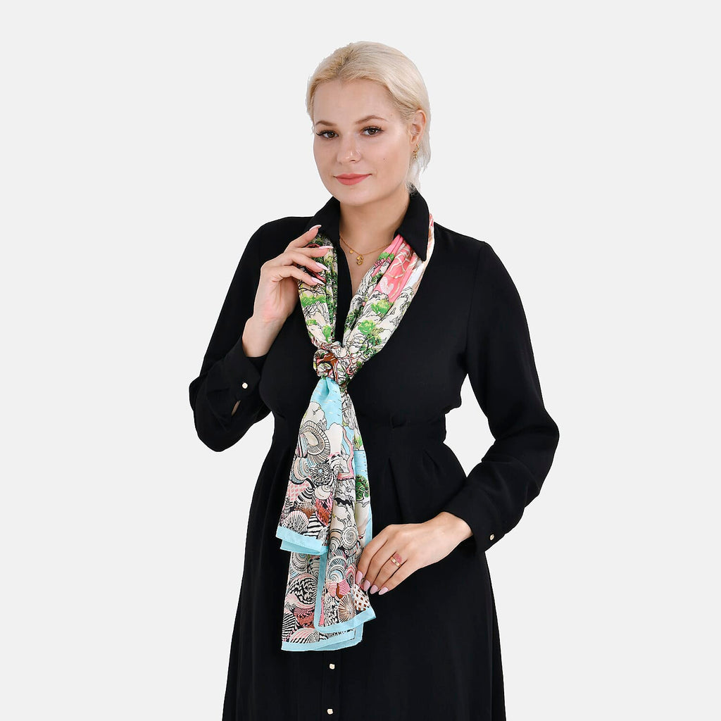 LA MAREY 100% Silk Floral Pattern Scarf (Size 178x53 cm) - Pink & Green