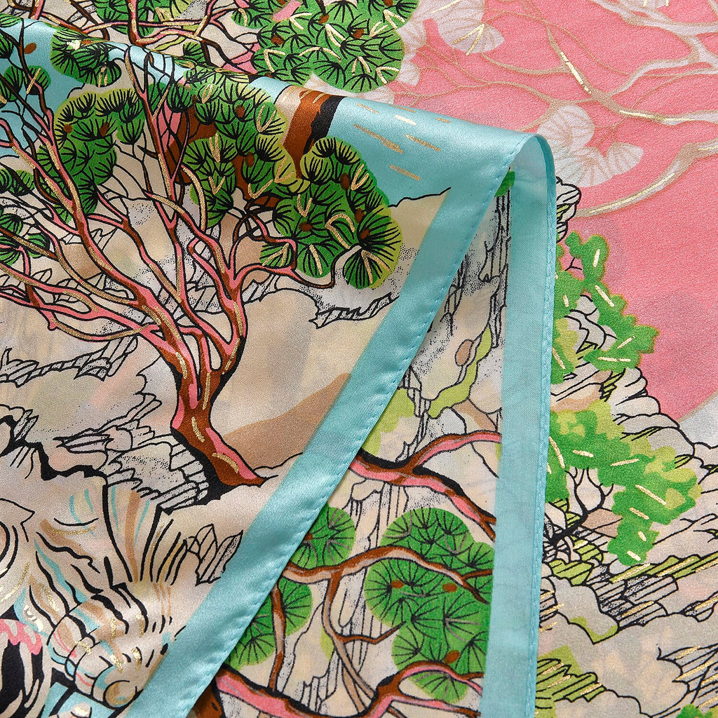 LA MAREY 100% Silk Floral Pattern Scarf (Size 178x53 cm) - Pink & Green