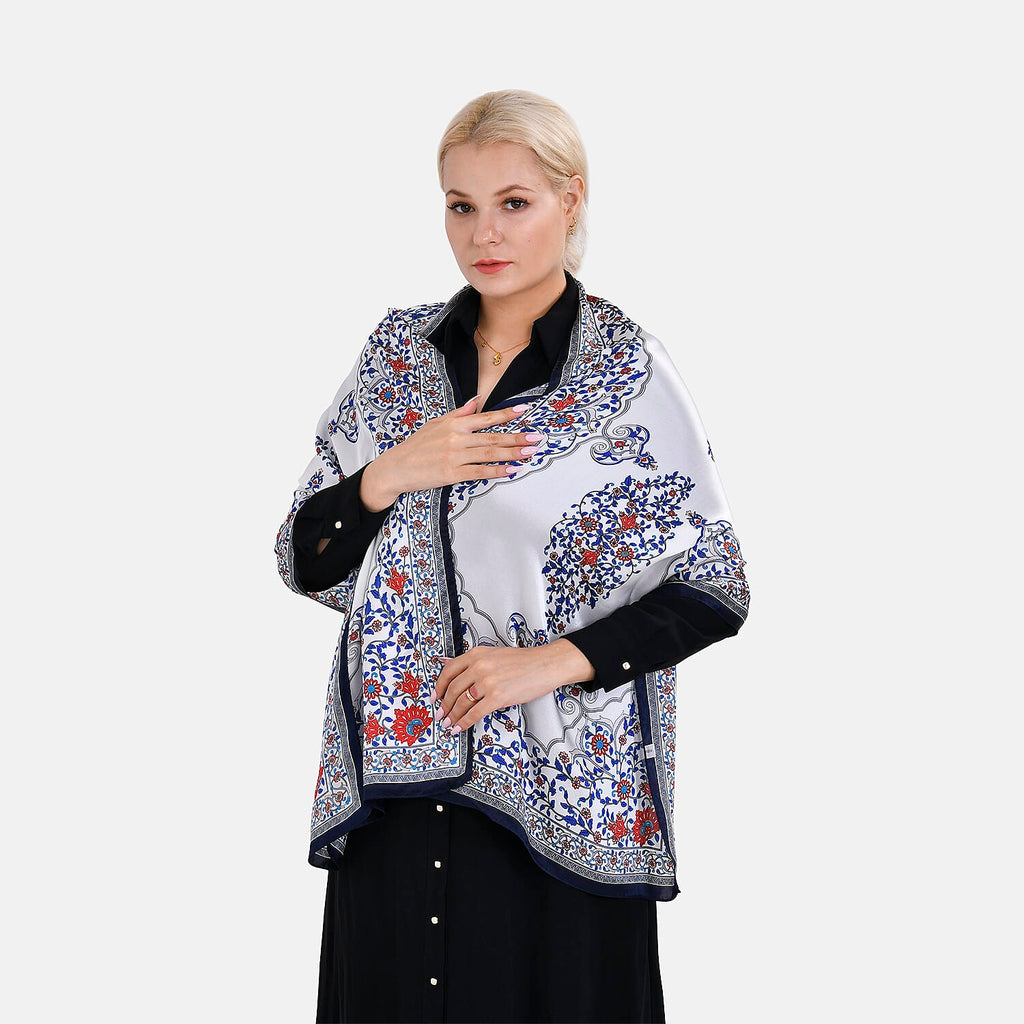 LA MAREY 100% Silk Floral Pattern Scarf (Size 171x53 cm) - White - Red