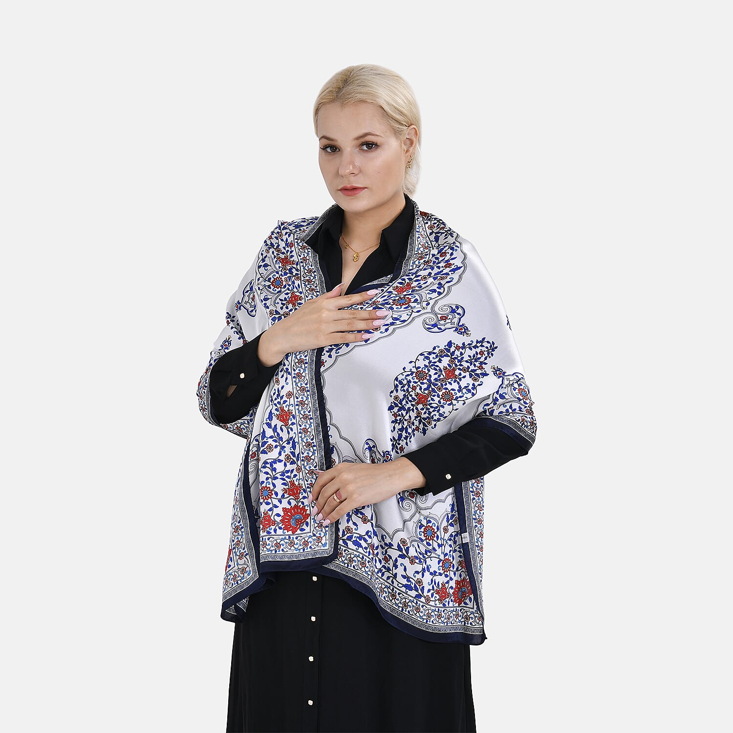LA MAREY 100% Silk Floral Pattern Scarf (Size 171x53 cm) - White - Red