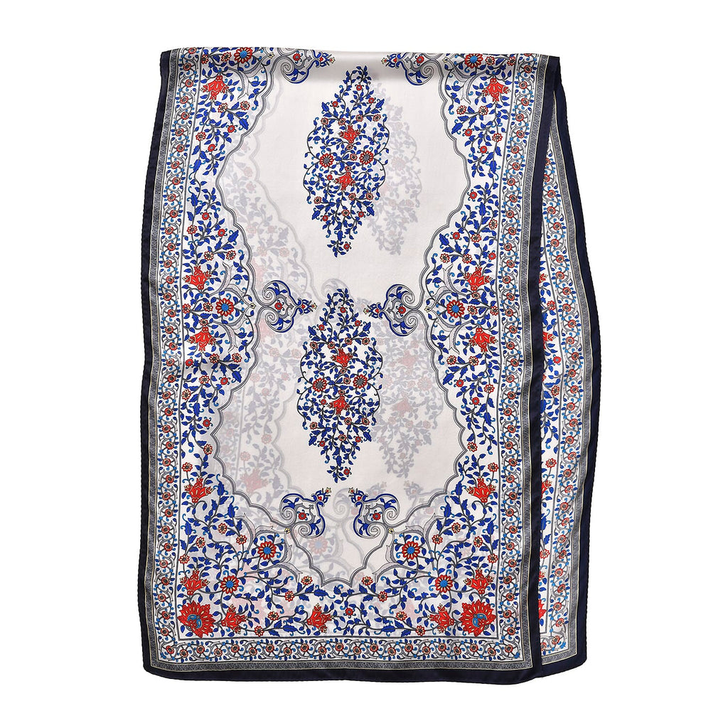 LA MAREY 100% Silk Floral Pattern Scarf (Size 171x53 cm) - White - Red