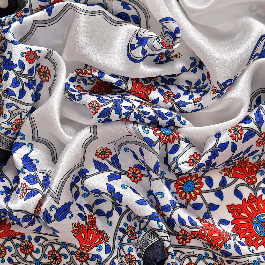 LA MAREY 100% Silk Floral Pattern Scarf (Size 171x53 cm) - White - Red