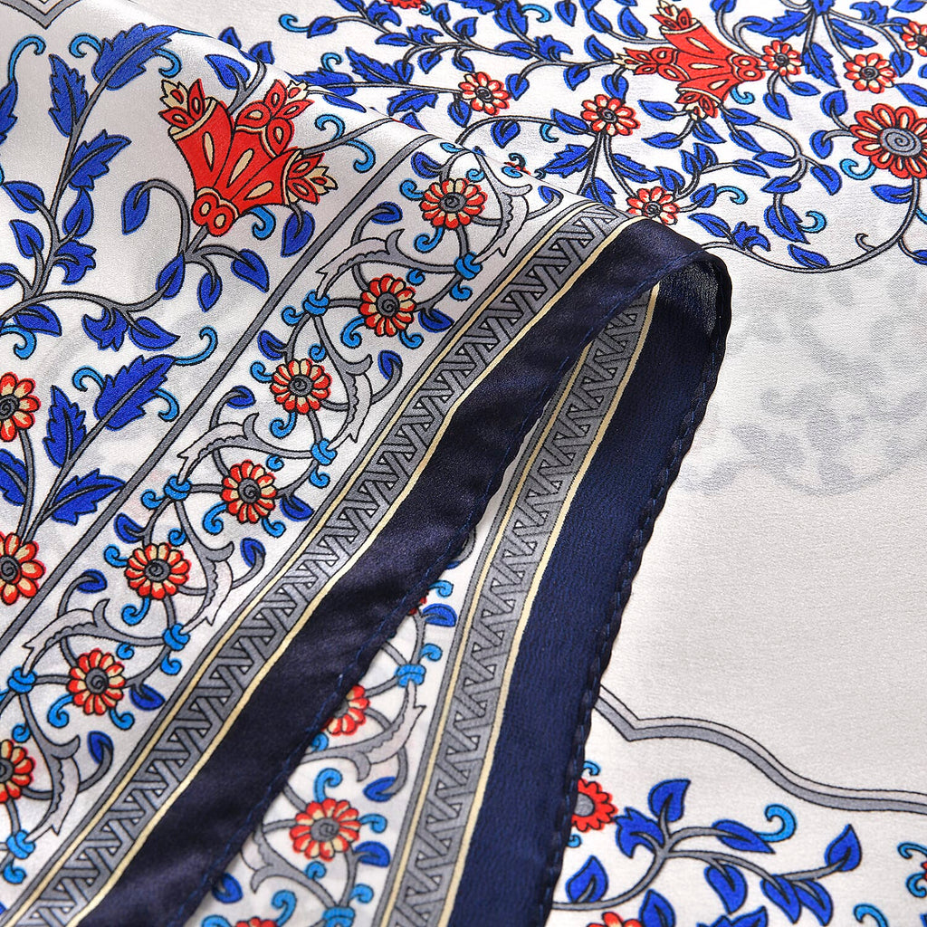 LA MAREY 100% Silk Floral Pattern Scarf (Size 171x53 cm) - White - Red