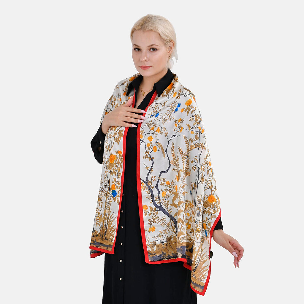 LA MAREY 100% Silk Floral Pattern Scarf (Size 178x53 cm) - White - Yellow