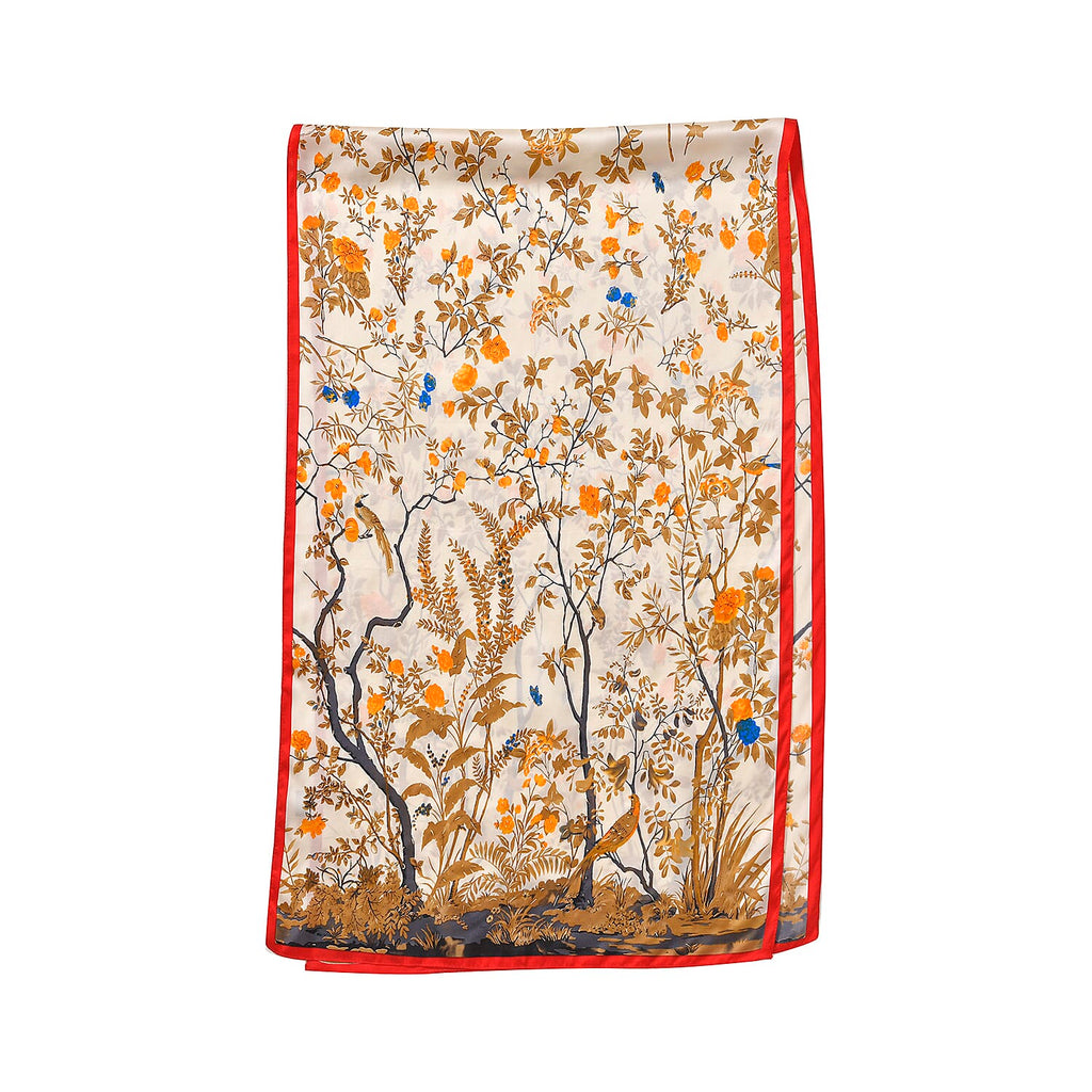 LA MAREY 100% Silk Floral Pattern Scarf (Size 178x53 cm) - White - Yellow