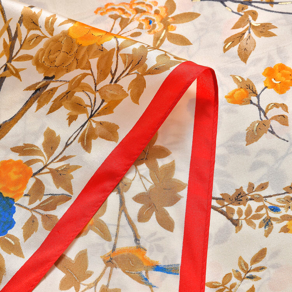 LA MAREY 100% Silk Floral Pattern Scarf (Size 178x53 cm) - White - Yellow