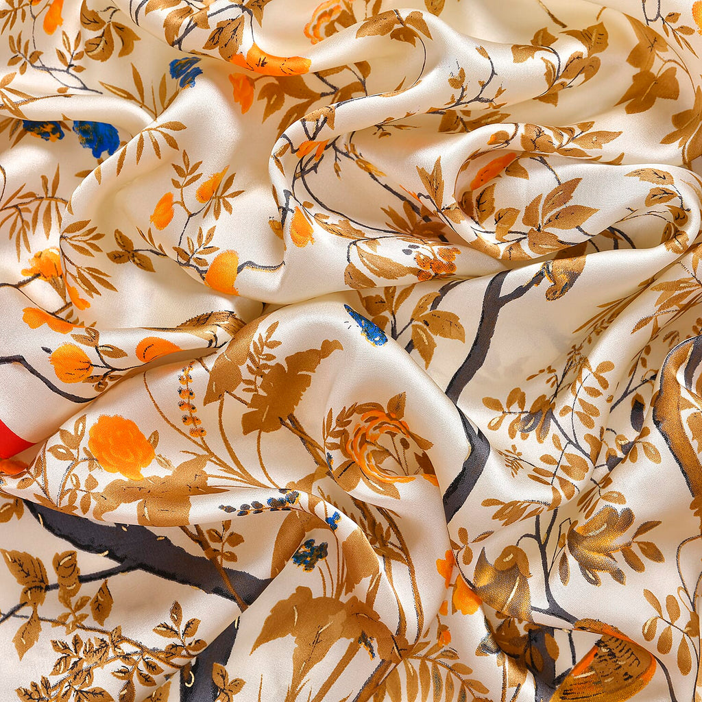 LA MAREY 100% Silk Floral Pattern Scarf (Size 178x53 cm) - White - Yellow