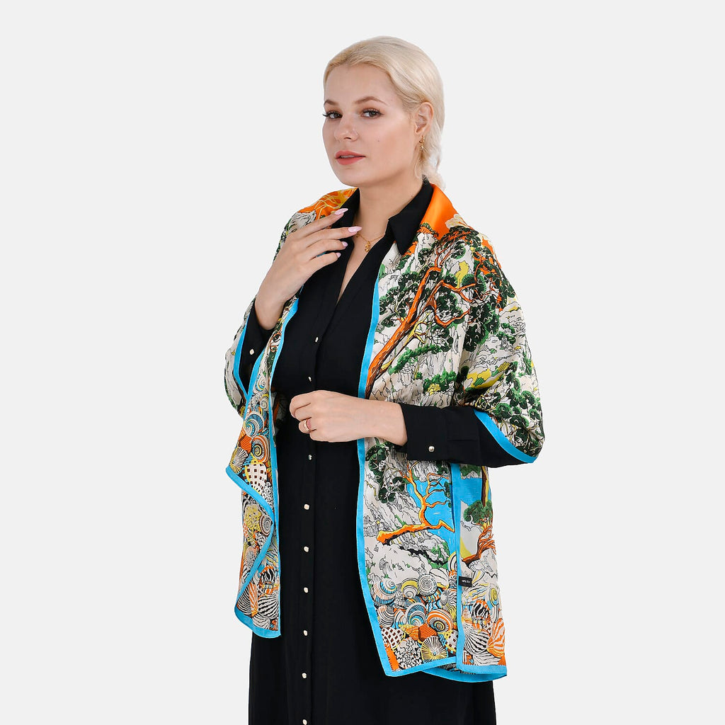 La Marey 100% Silk Floral Scarf (Size 170x52 cm) - Red & Yellow