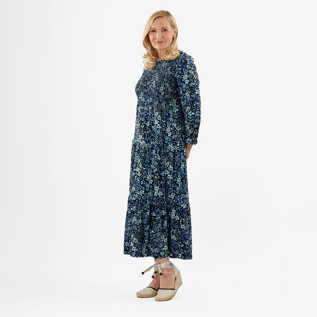 La Marey Soft Touch Knitted Shirred Dress (Size M) - Blue Floral