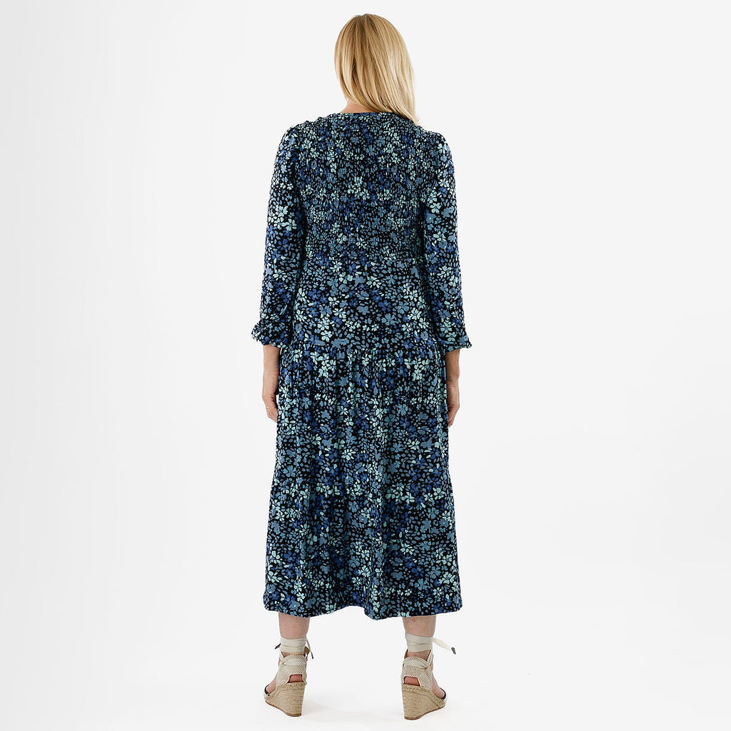 La Marey Soft Touch Knitted Shirred Dress (Size M) - Blue Floral