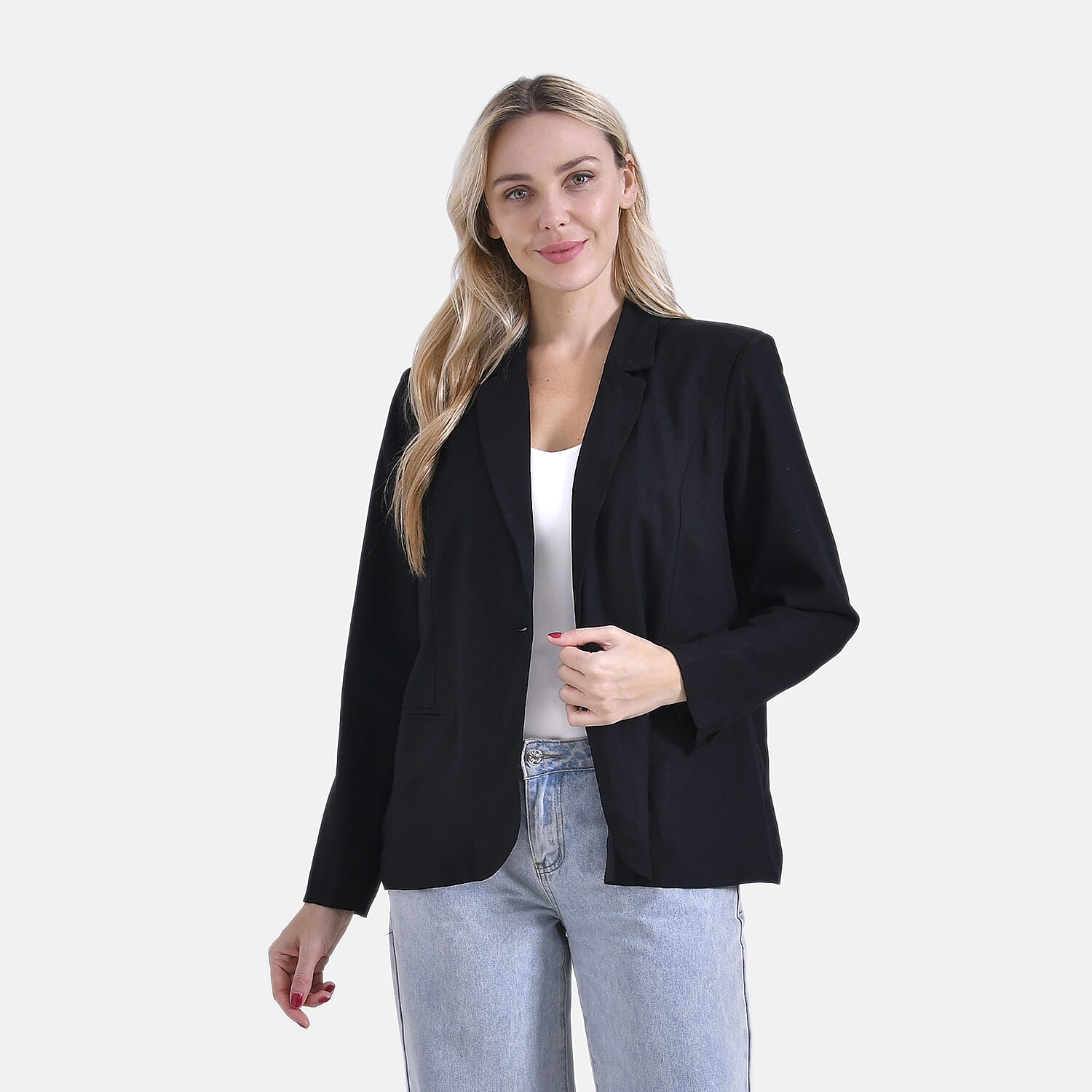 La Marey Classic Linen Blend Long Sleeves Blazer with Notched Collar (Size 16 to 18) - Black