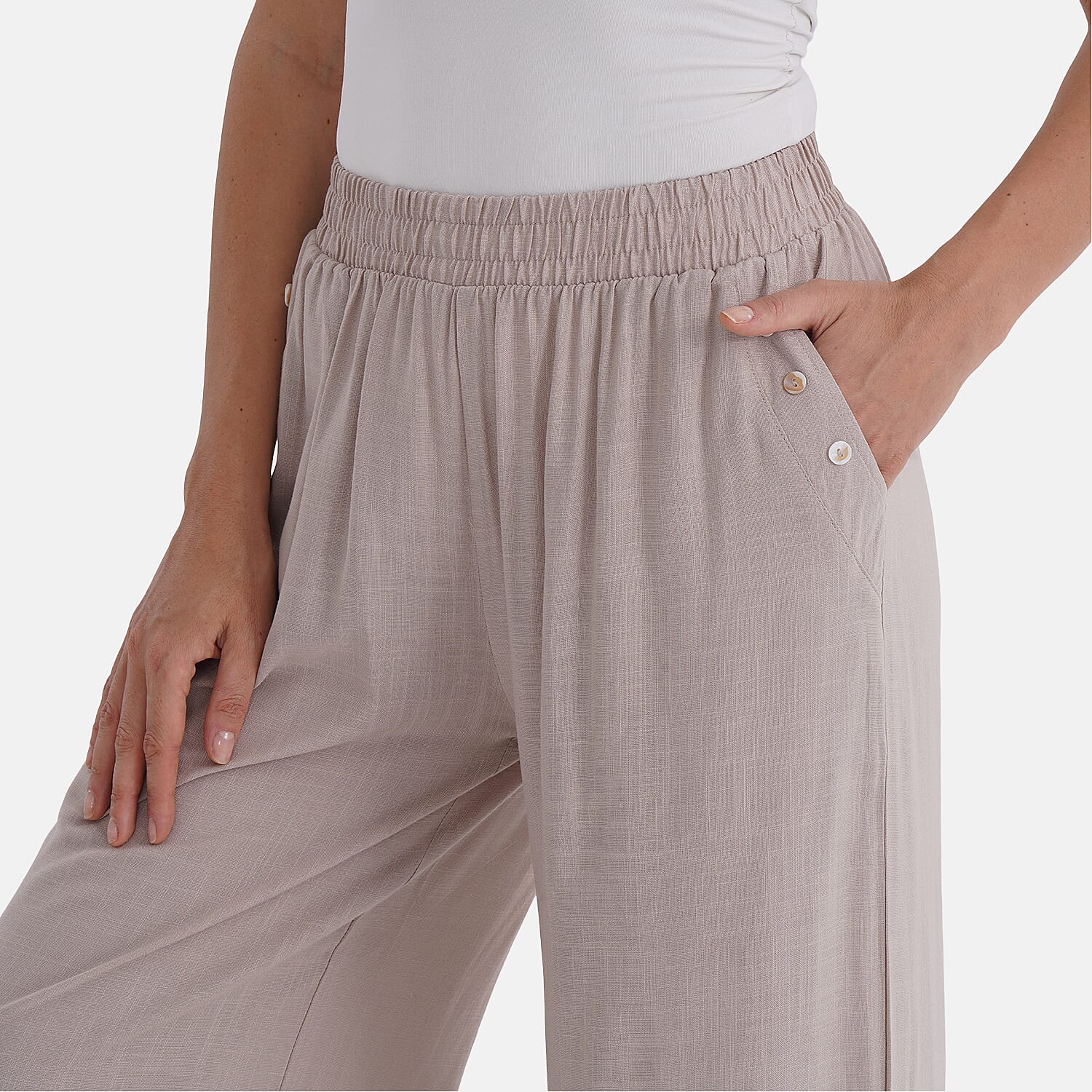La Marey Casual Wide Leg Trousers with Elastic Waist (Size 12 to 14) - Beige