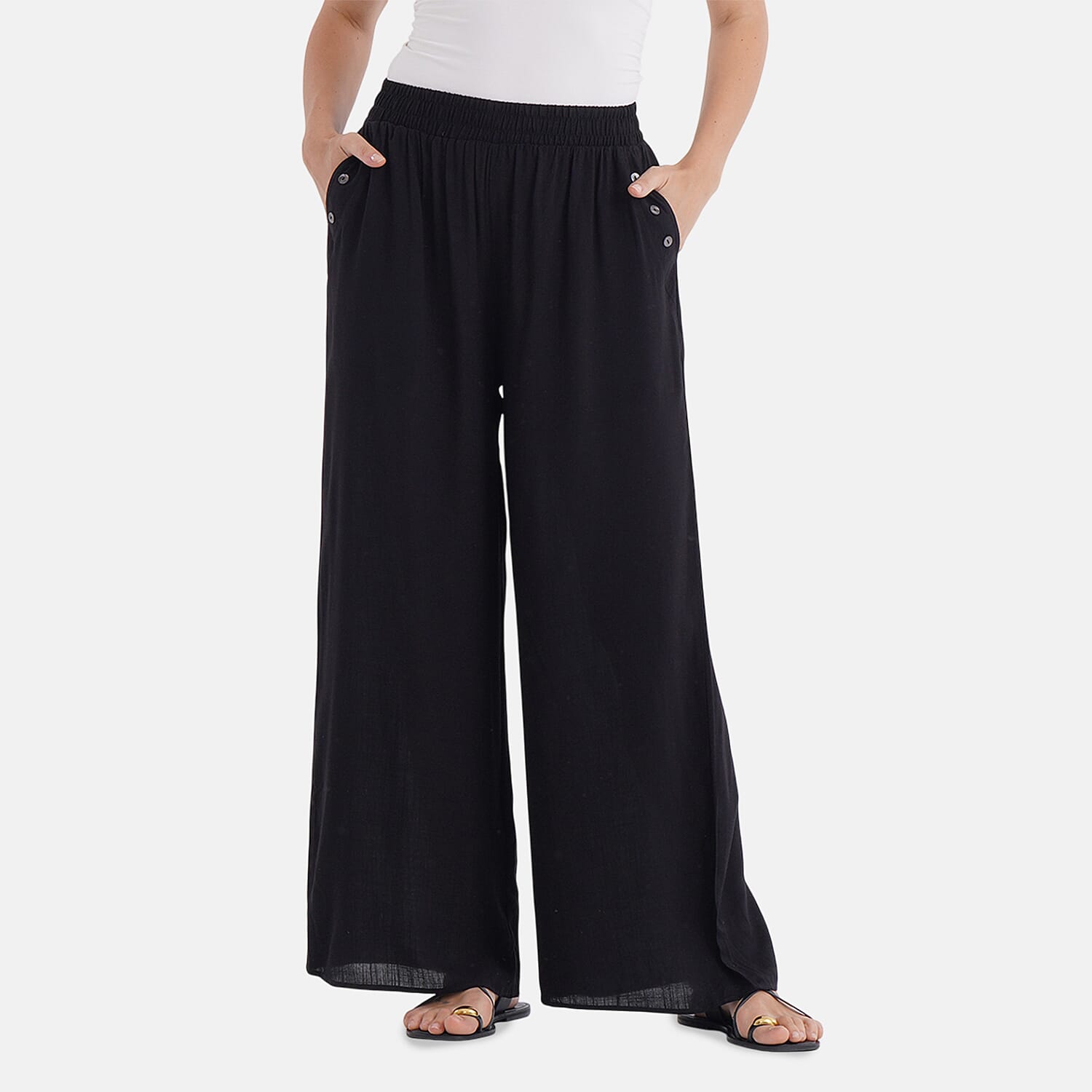 La Marey Casual Wide Leg Trousers with Elastic Waist (Size 12 to 14) - Black