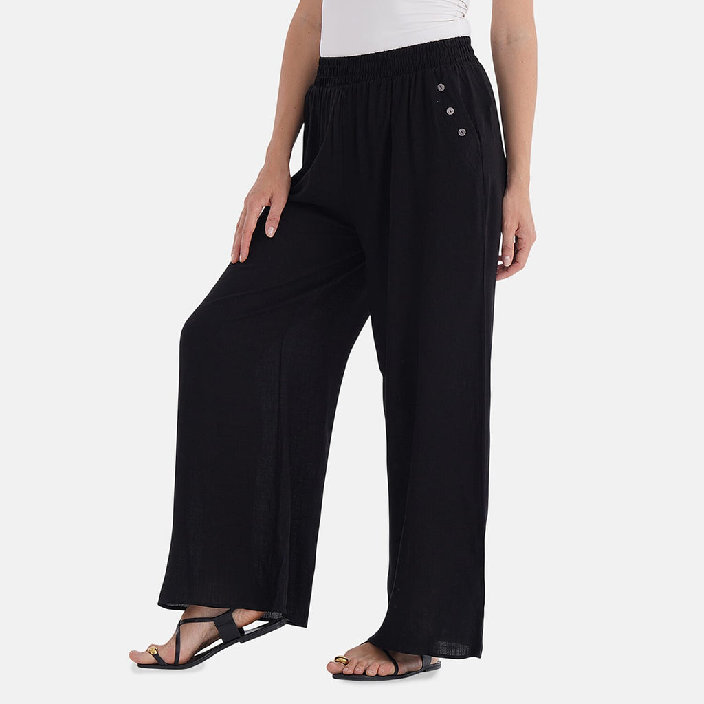 La Marey Casual Wide Leg Trousers with Elastic Waist (Size 12 to 14) - Black