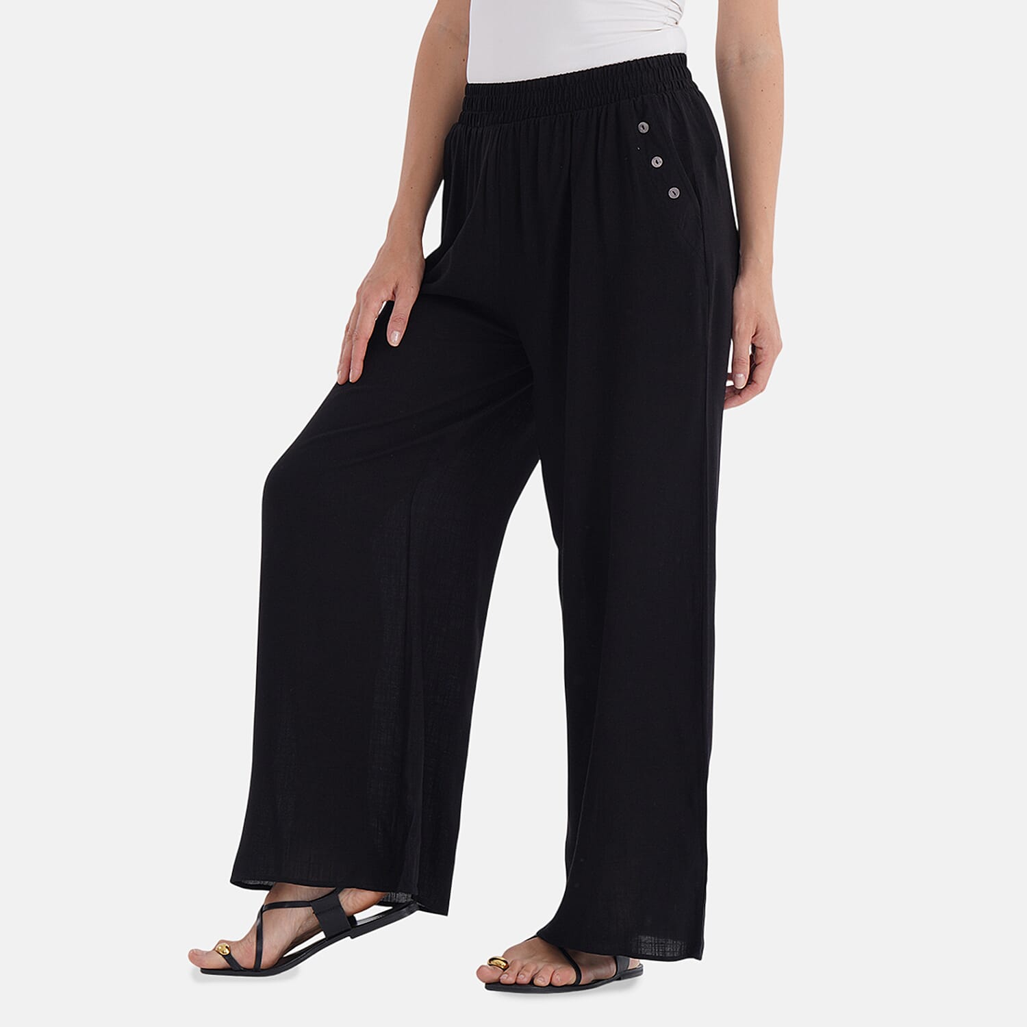 La Marey Casual Wide Leg Trousers with Elastic Waist (Size 12 to 14) - Black