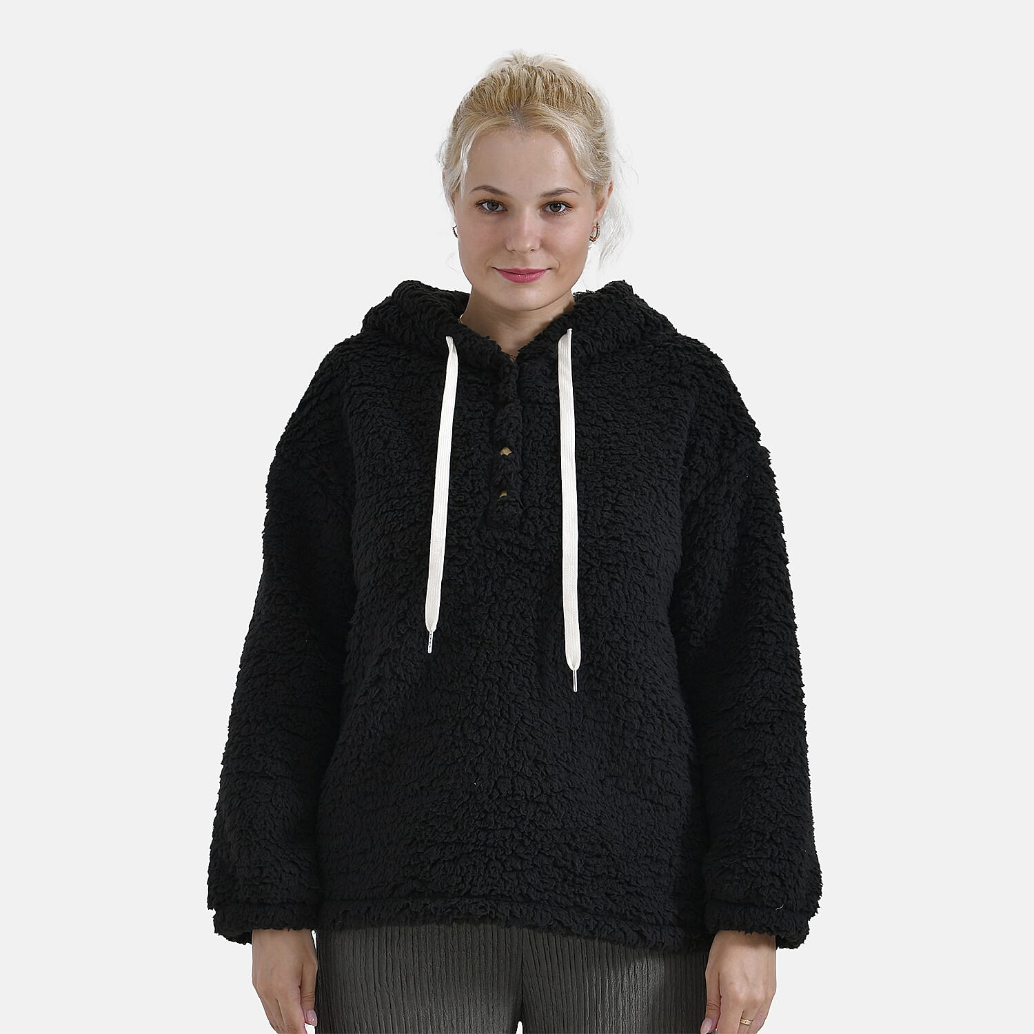 La Marey Plush Hoodie with Buttons (Size XL) - Black