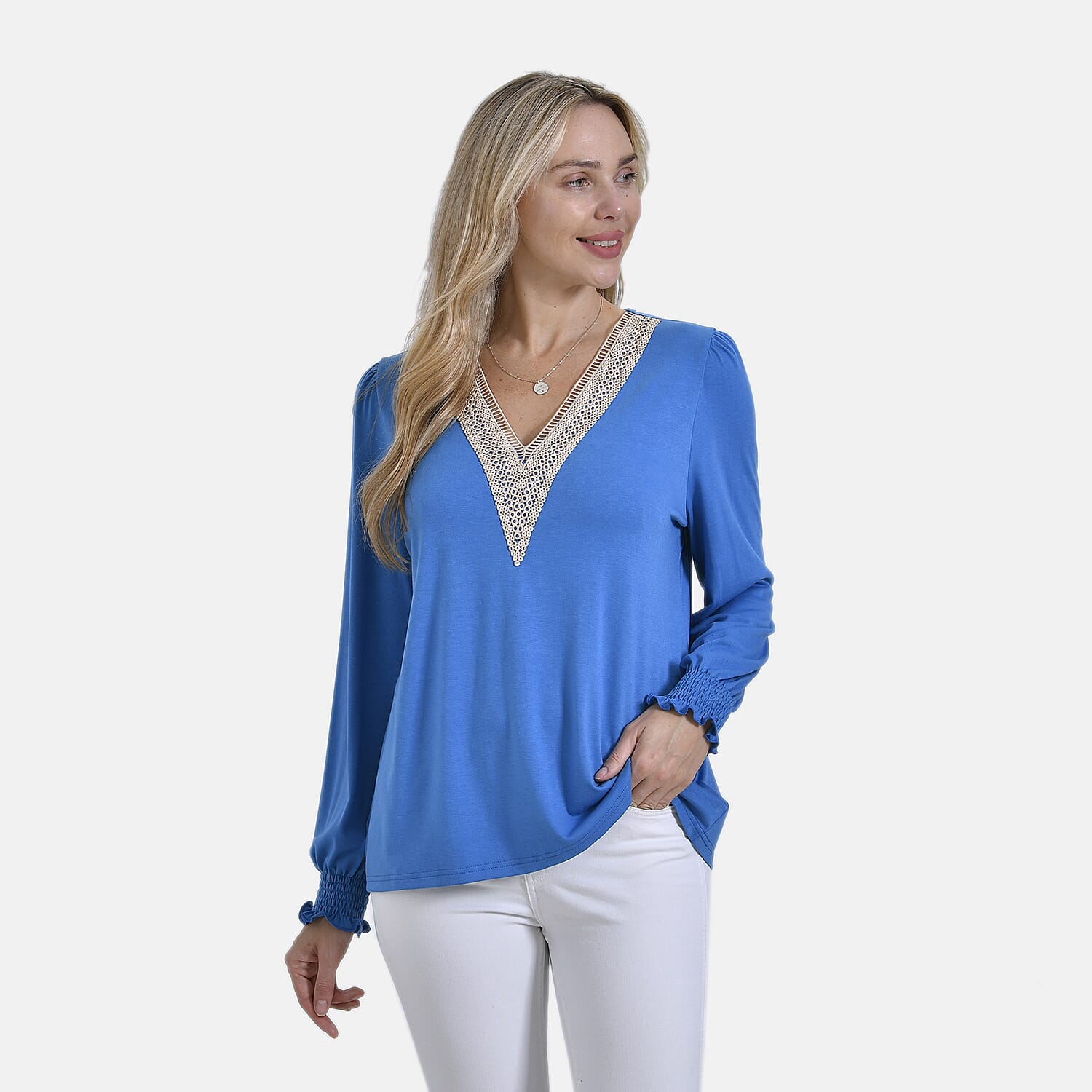 La Marey V-Neck Long Sleeve Jersey Top (Size L) - Blue