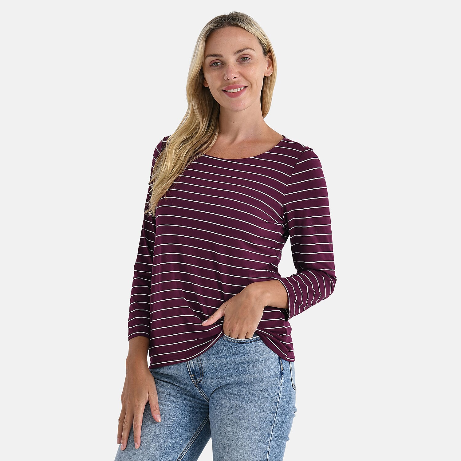 La Marey Striped Viscose Stretch T-shirt (Size XXL) - Dark Purple & White