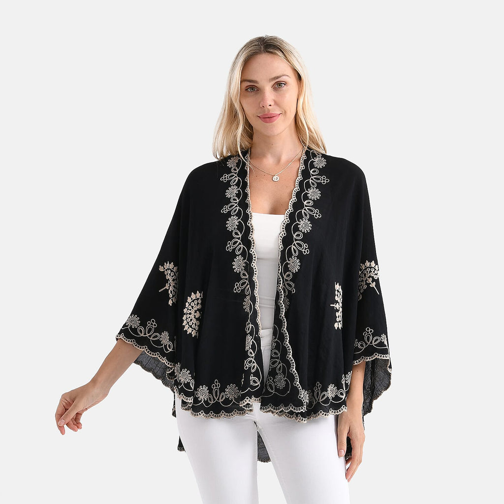 La Marey Stylish Embroidery Short Kimono (One Size) - Black
