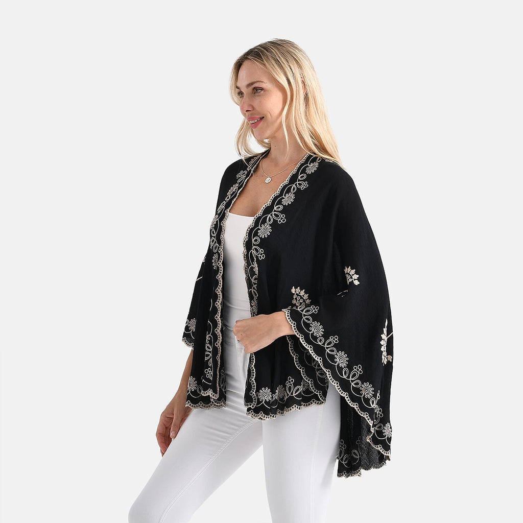 La Marey Stylish Embroidery Short Kimono (One Size) - Black