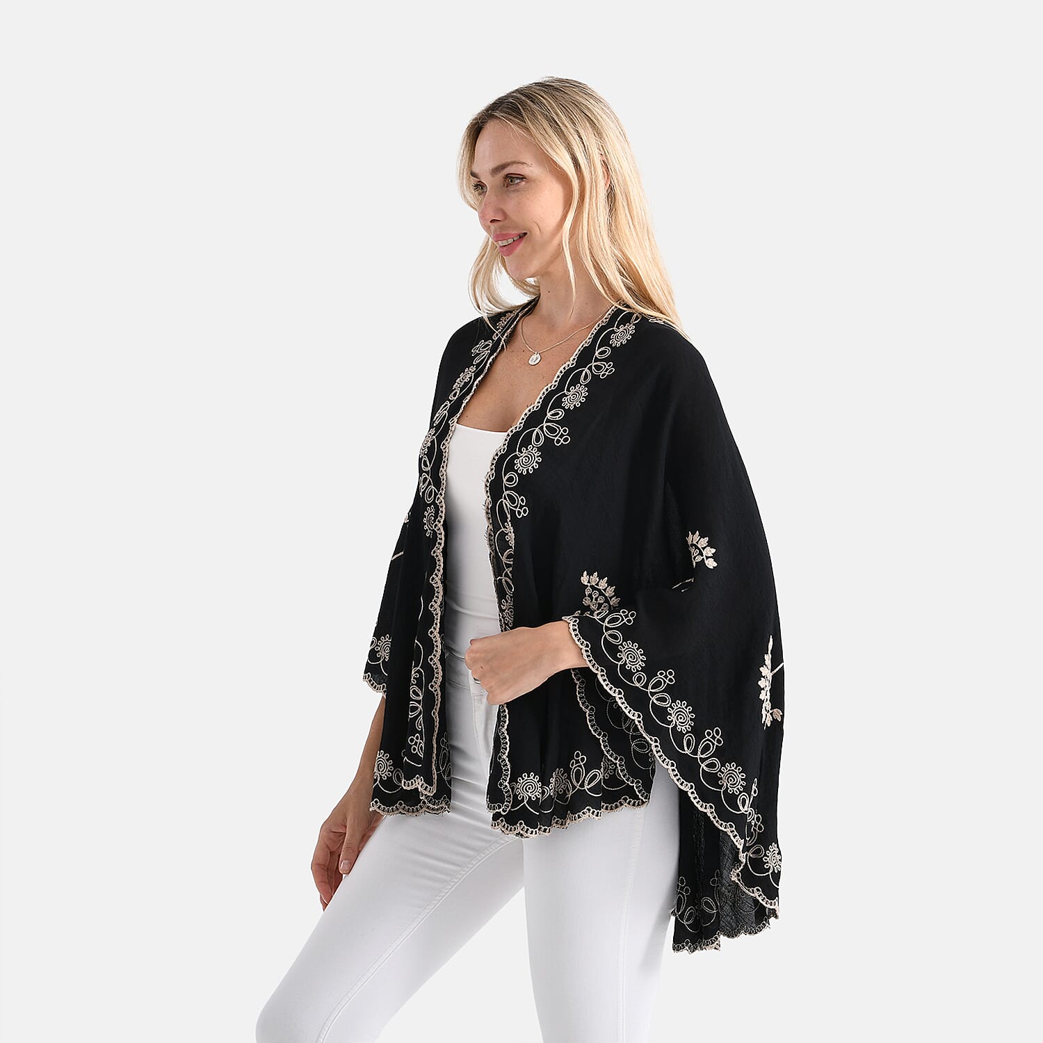 La Marey Stylish Embroidery Short Kimono (One Size) - Black