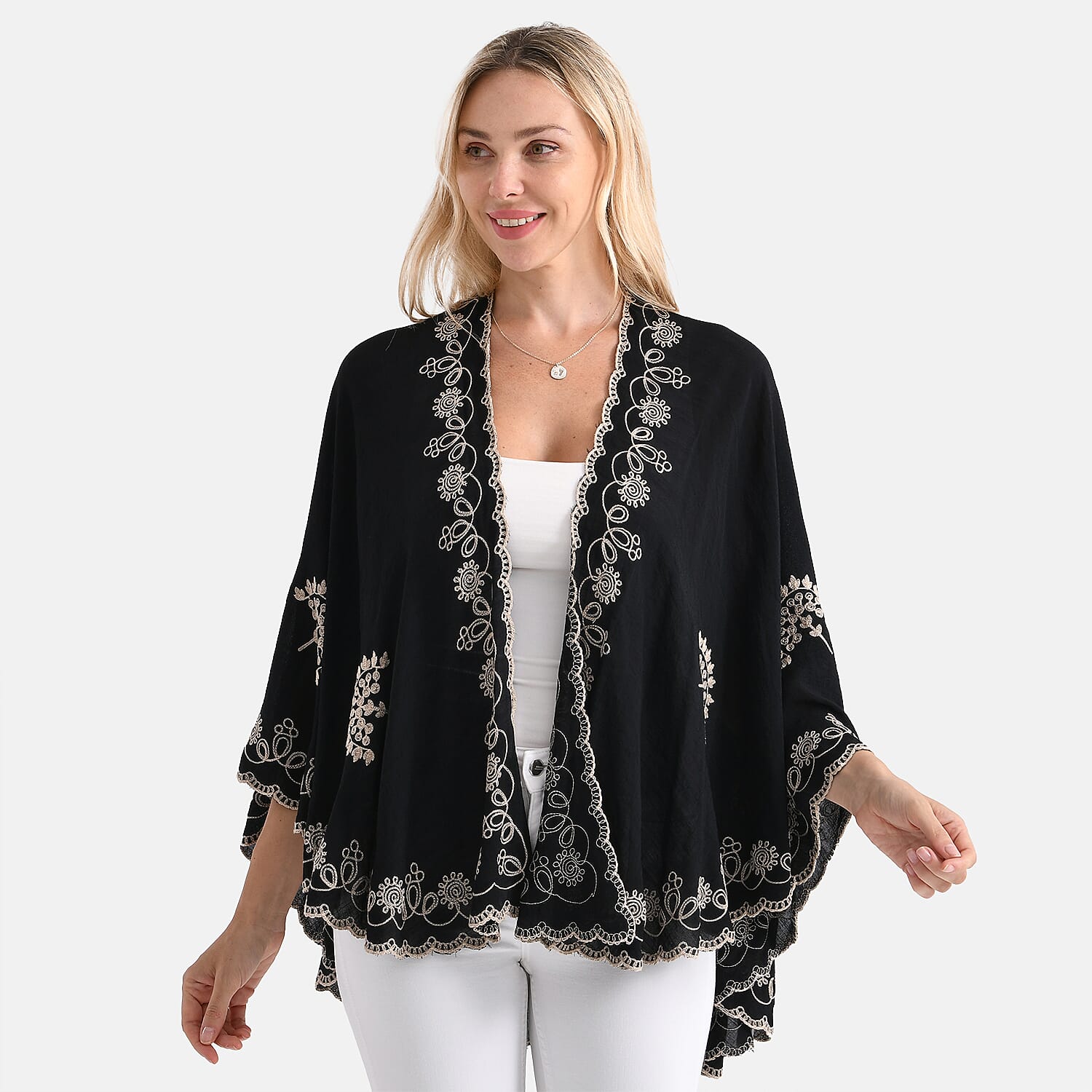 La Marey Stylish Embroidery Short Kimono (One Size) - Black