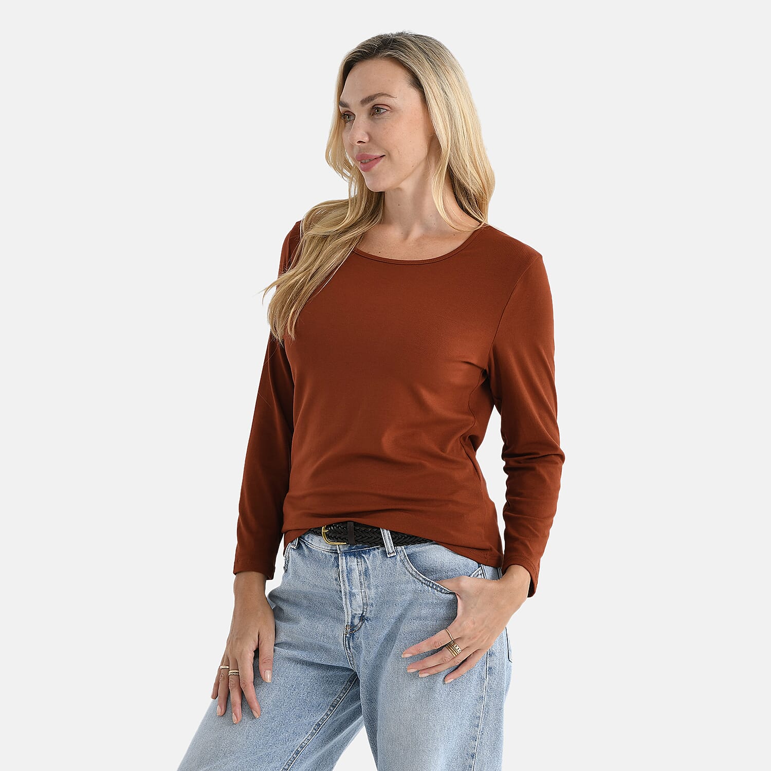 La Marey Viscose Classic Round Neck T-Shirt (Size M) - Brown