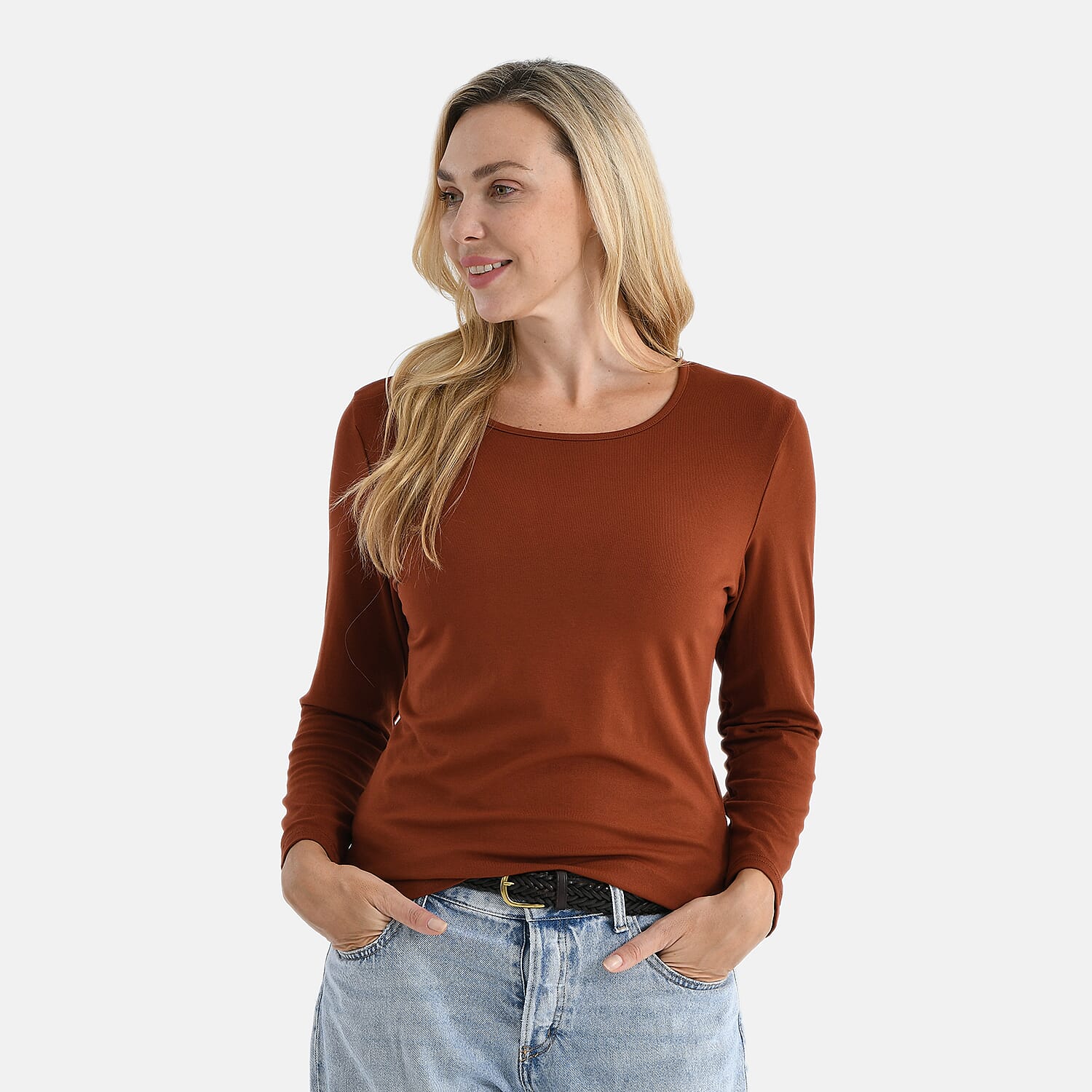 La Marey Viscose Classic Round Neck T-Shirt (Size M) - Brown