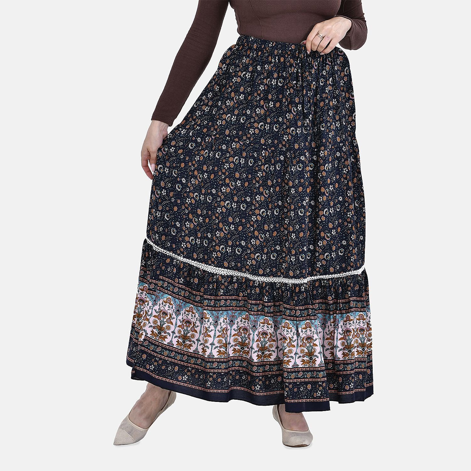 La Marey 100% Viscose Floral Print Skirt  (One Size One 8 to 18) - Navy Blue