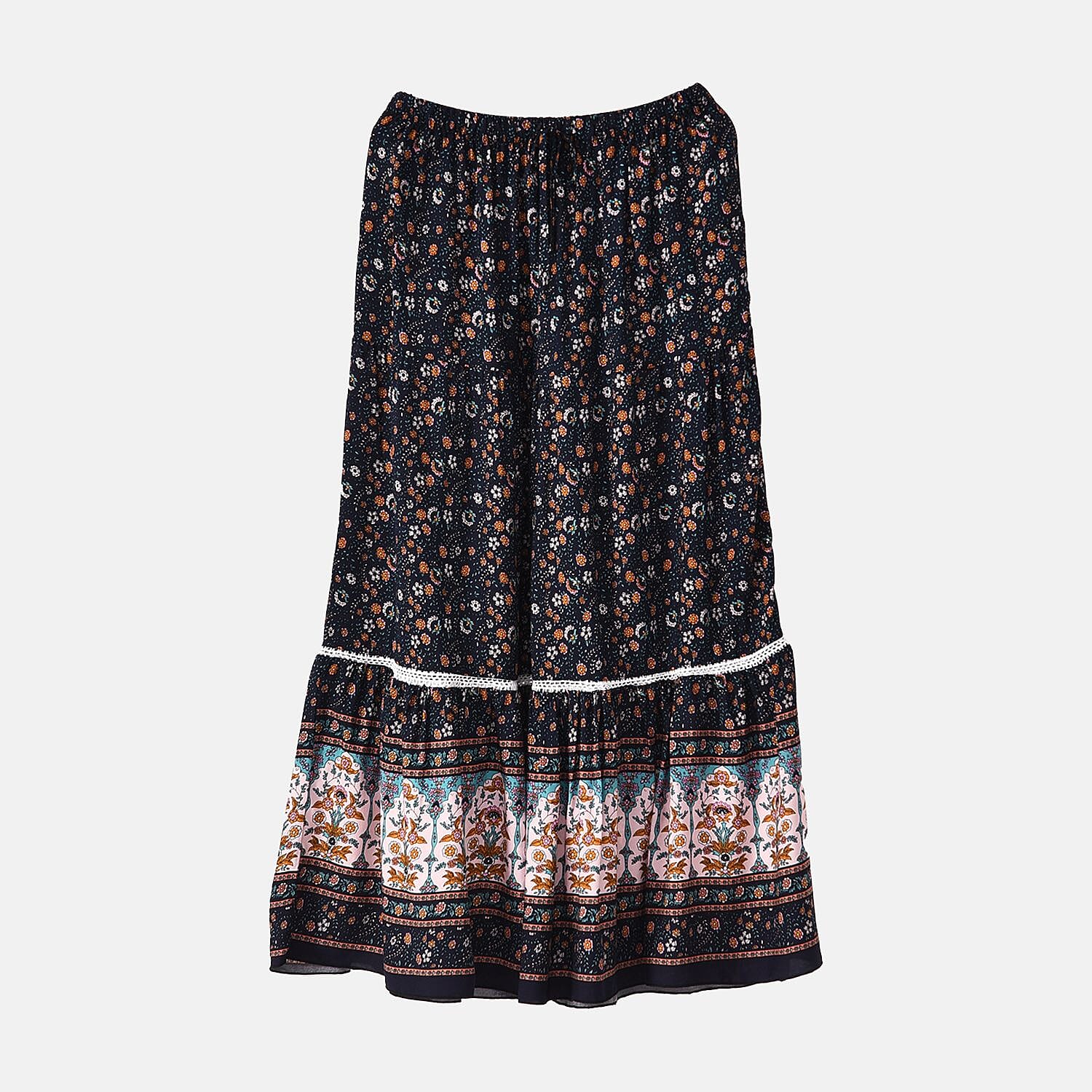 La Marey 100% Viscose Floral Print Skirt  (One Size One 8 to 18) - Navy Blue