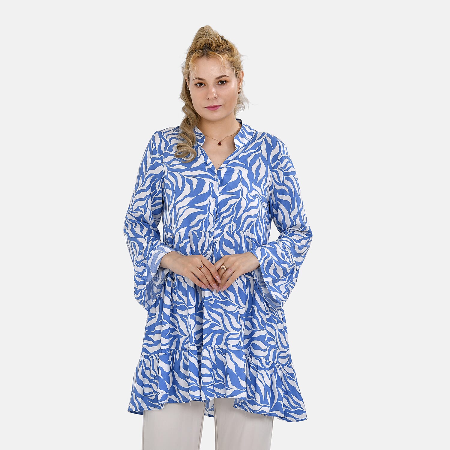 La Marey 100% Viscose Paisley Printed V-Neck Casual Tunic Dress (Size -  L-XL, 16-20) - Blue