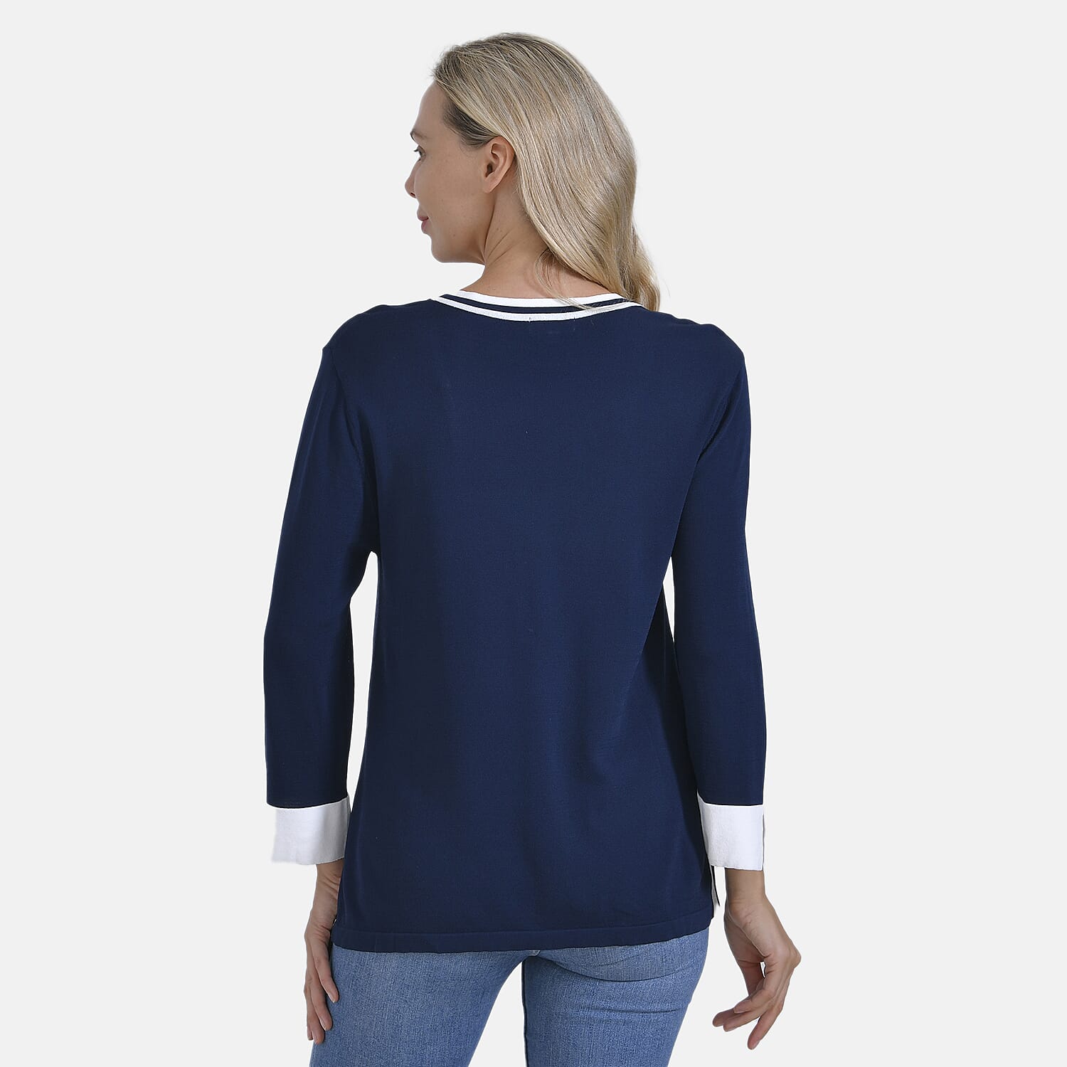 La Marey Round Neck Quarter Sleeve Jersey Jumper (Size L) - Navy & Yellow