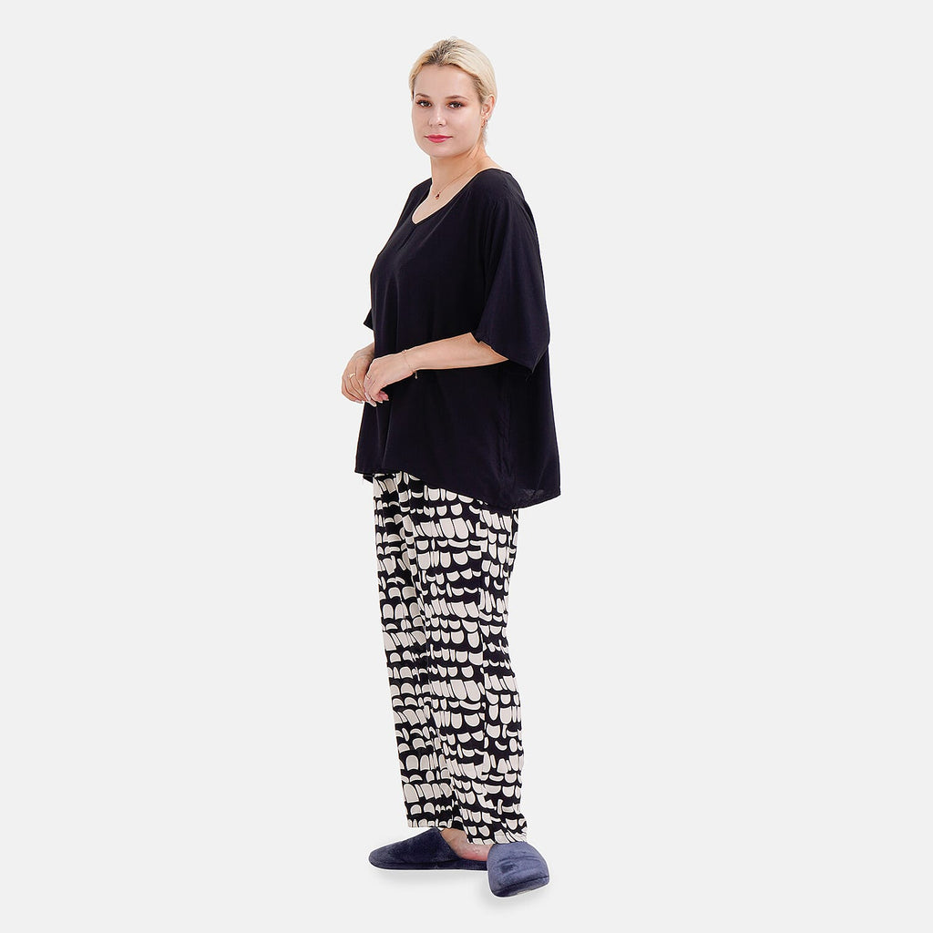 LA MAREY Loungewear Sets (Short Sleeves Top with Printed Trousers)  - Black (Size L)