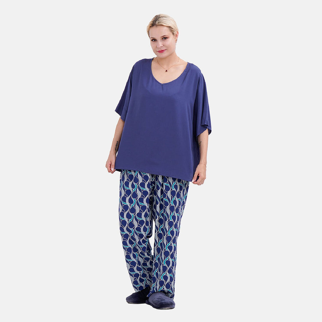 LA MAREY Loungewear Sets (Short Sleeves Top with Printed Trousers) - Dark Blue (Size XL)