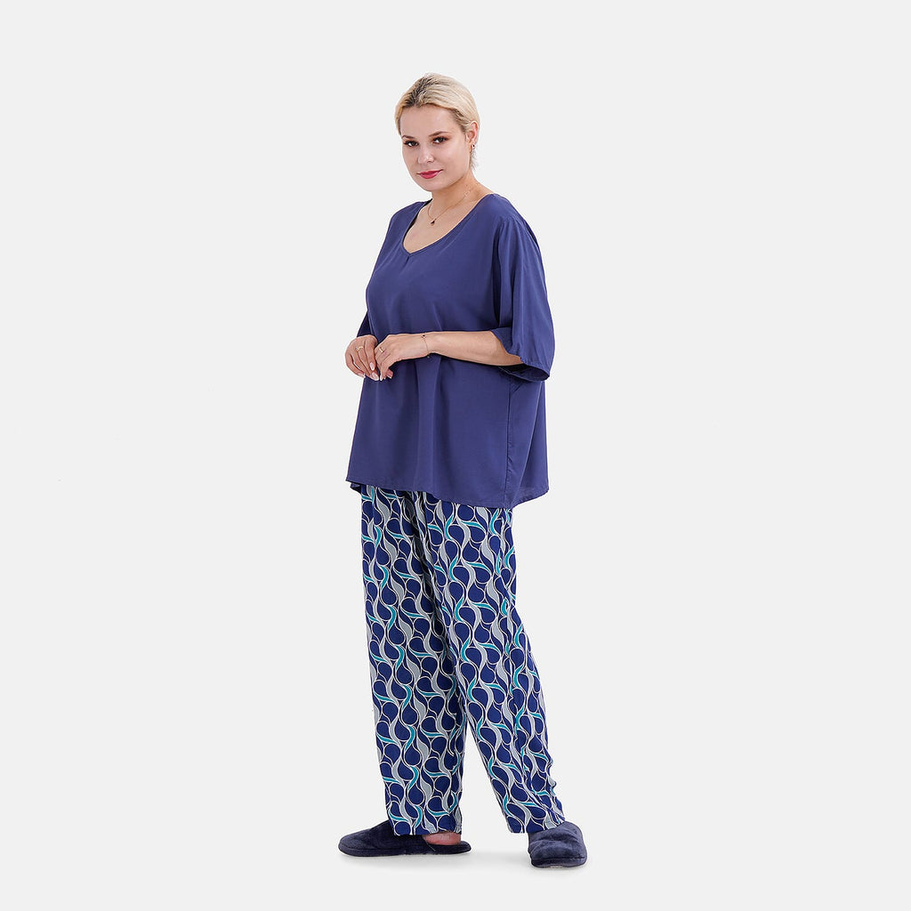 LA MAREY Loungewear Sets (Short Sleeves Top with Printed Trousers) - Dark Blue (Size S)